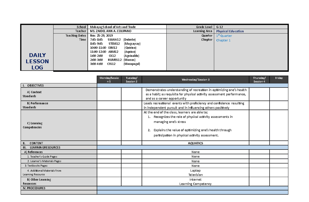 November 25-29, 2019 - Physical education - DAILY LESSON LOG School ...