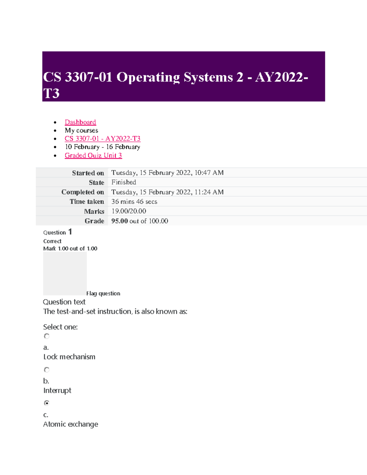 CS 3307 Graded Quiz Unit 03 - CS Operating Systems 2 AY2022T3 Dashboard ...