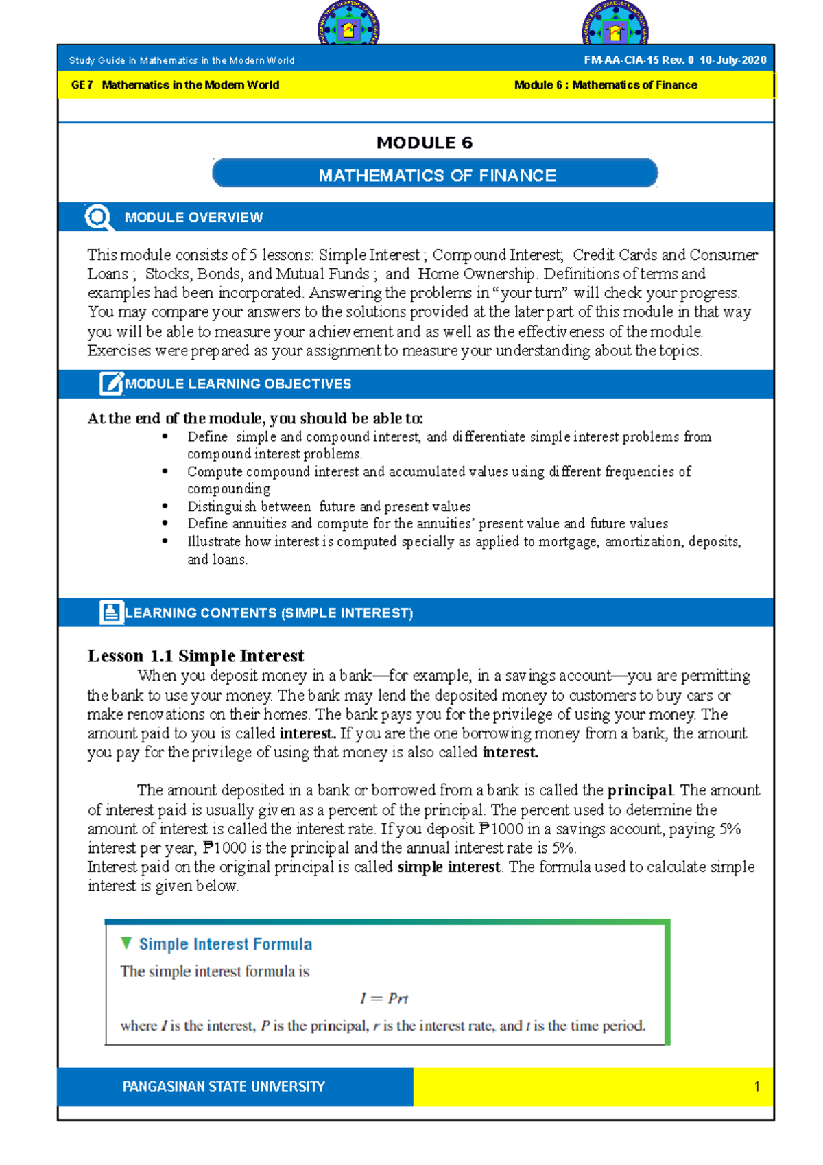 MMW Module- Elective 2 Financial-Mathematics - MODULE 6 MODULE OVERVIEW ...