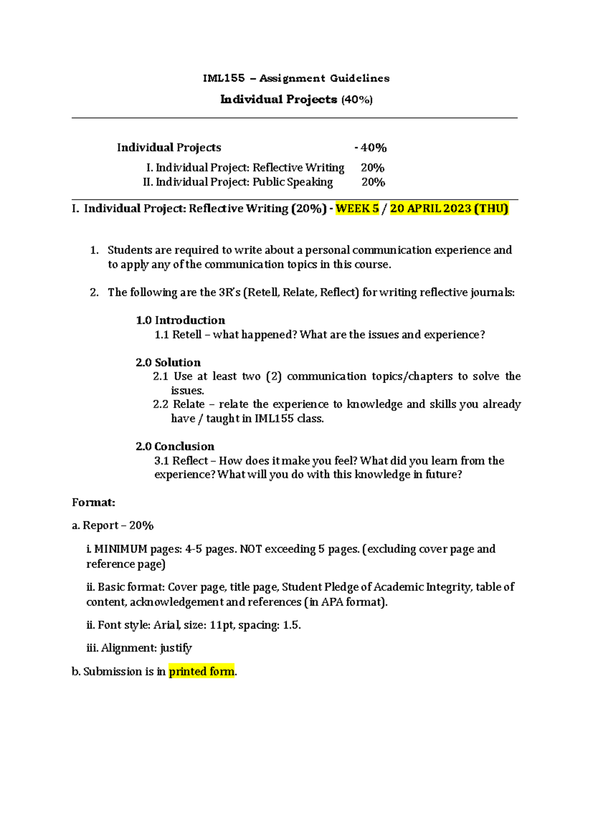 IML155 Guideline Ind Asgt Reflective Writing (20%) - IML 155 ...