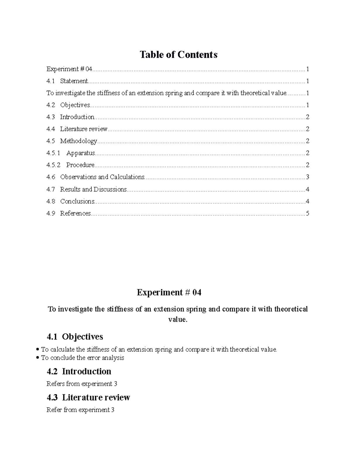 Laboratory reports - Table of Contents Experiment # - Studocu