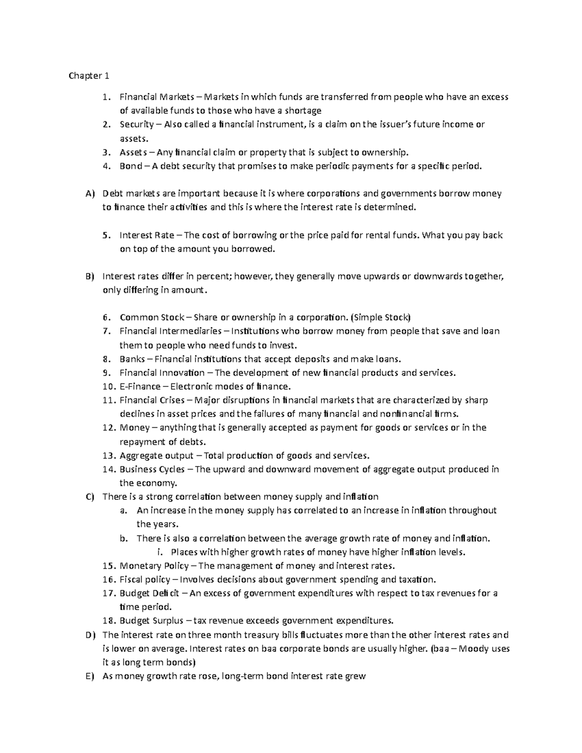 Test 1 Notes Based on the Textbook by Mishkin, the Economics of Money