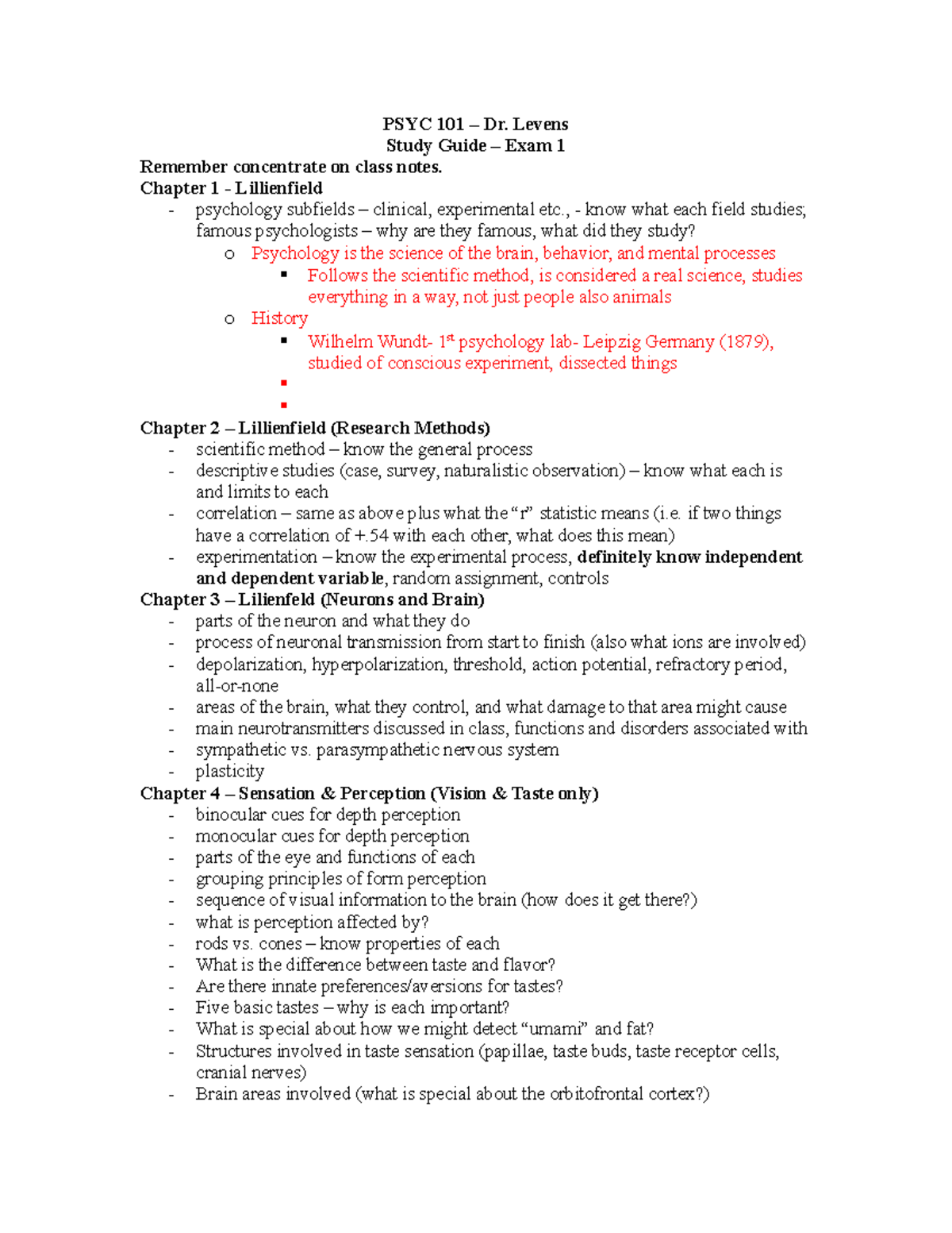 Exam1 Study Guide - PSYC 101 – Dr. Levens Study Guide – Exam 1 Remember ...