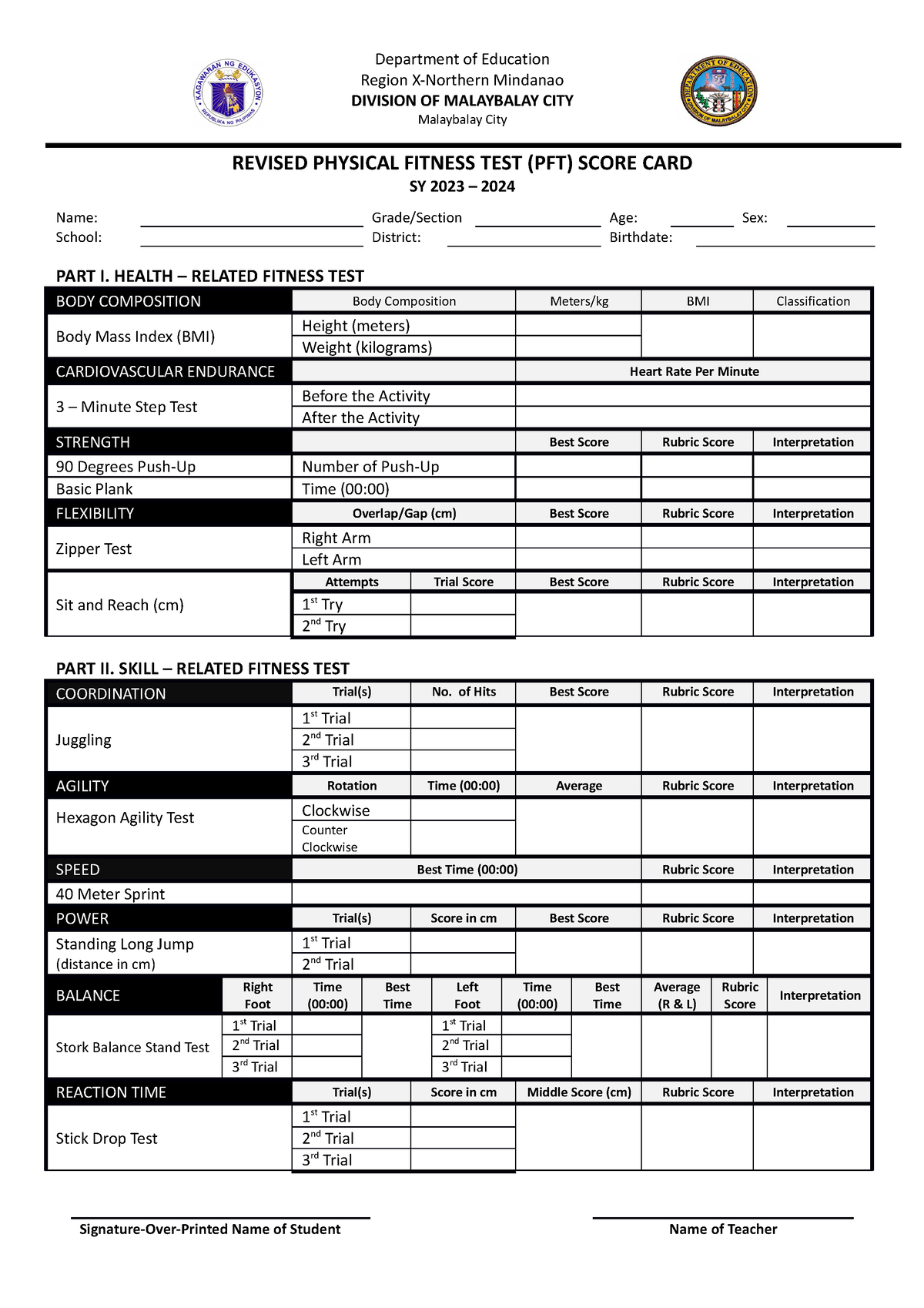 PFT- Score-CARD - Material can be used for Physical Fitness Test - 1 ...