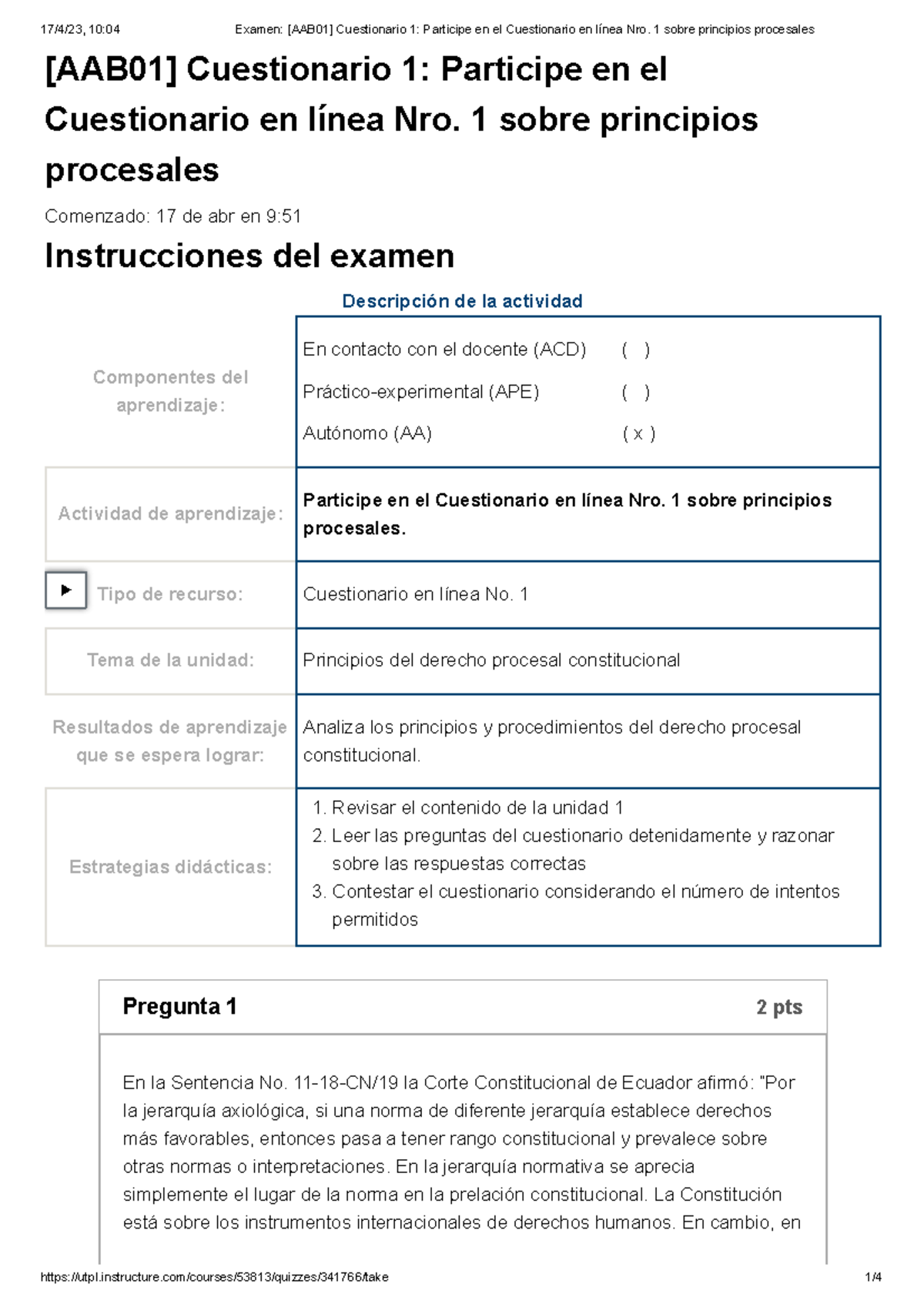 Examen [AAB01] Cuestionario 1 Participe En El Cuestionario En Línea Nro ...