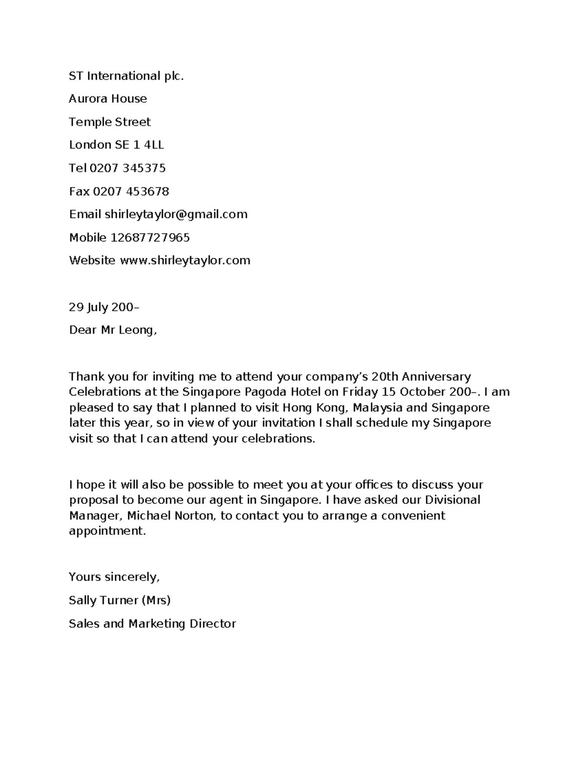 Way to format a letter - way to formant - ST International plc. Aurora ...