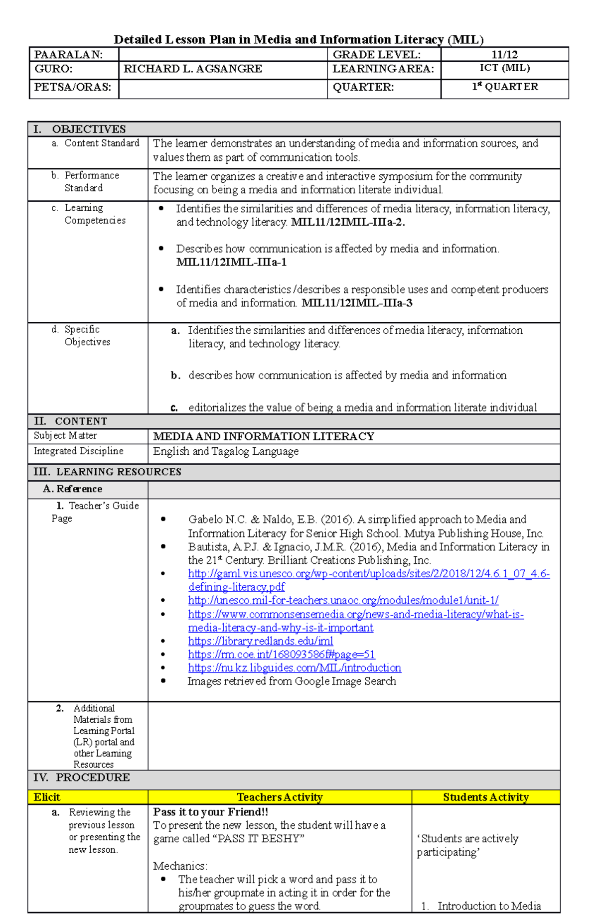 MIL Demo - DEmo - Detailed Lesson Plan in Media and Information ...