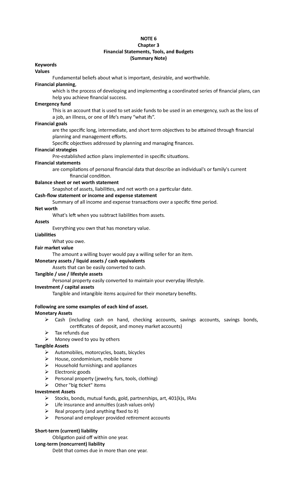 NOTE-6 Chapter-3 Summary-Note - NOTE 6 Chapter 3 Financial Statements ...