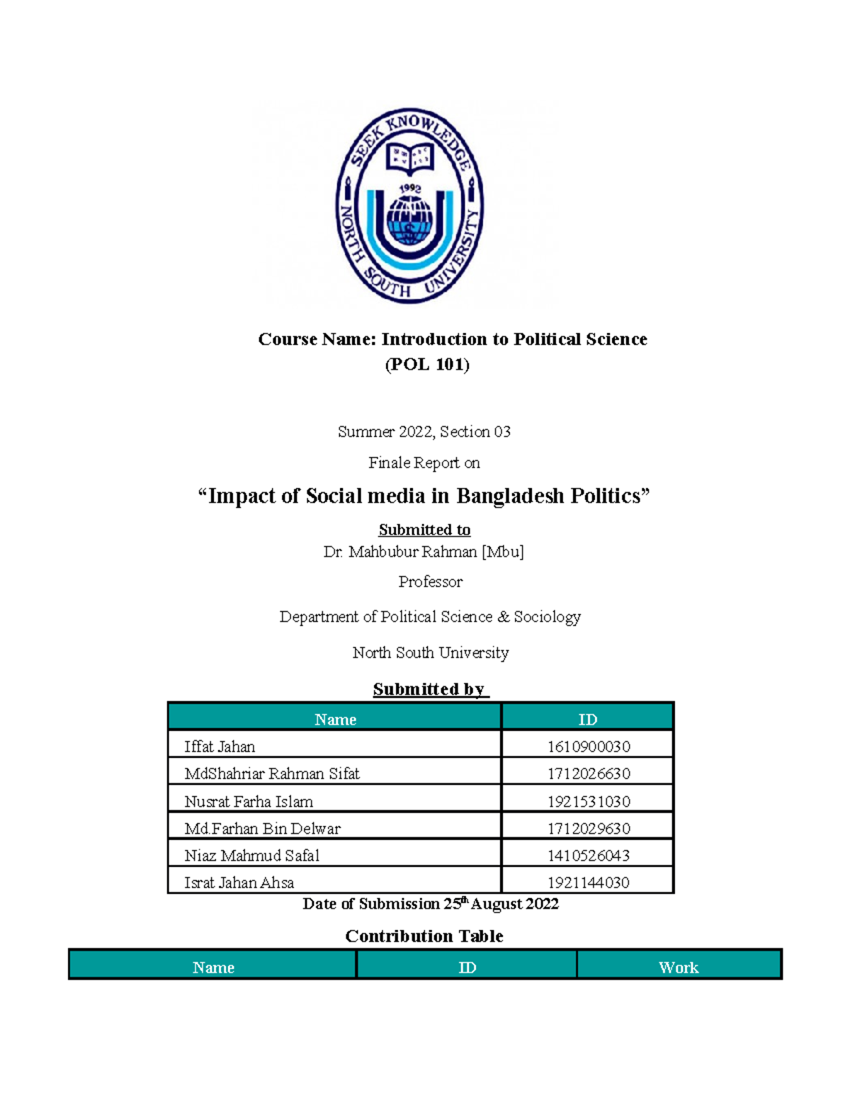 Fin AL pol 101 report 1 edited - Course Name: Introduction to Political ...