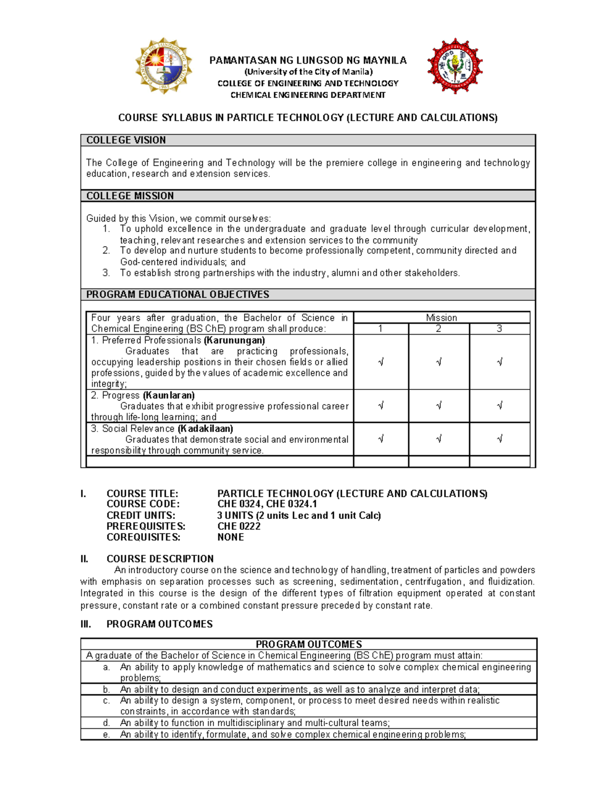 Particle Technology Syllabus Bachelor of Science in Chemistry ...