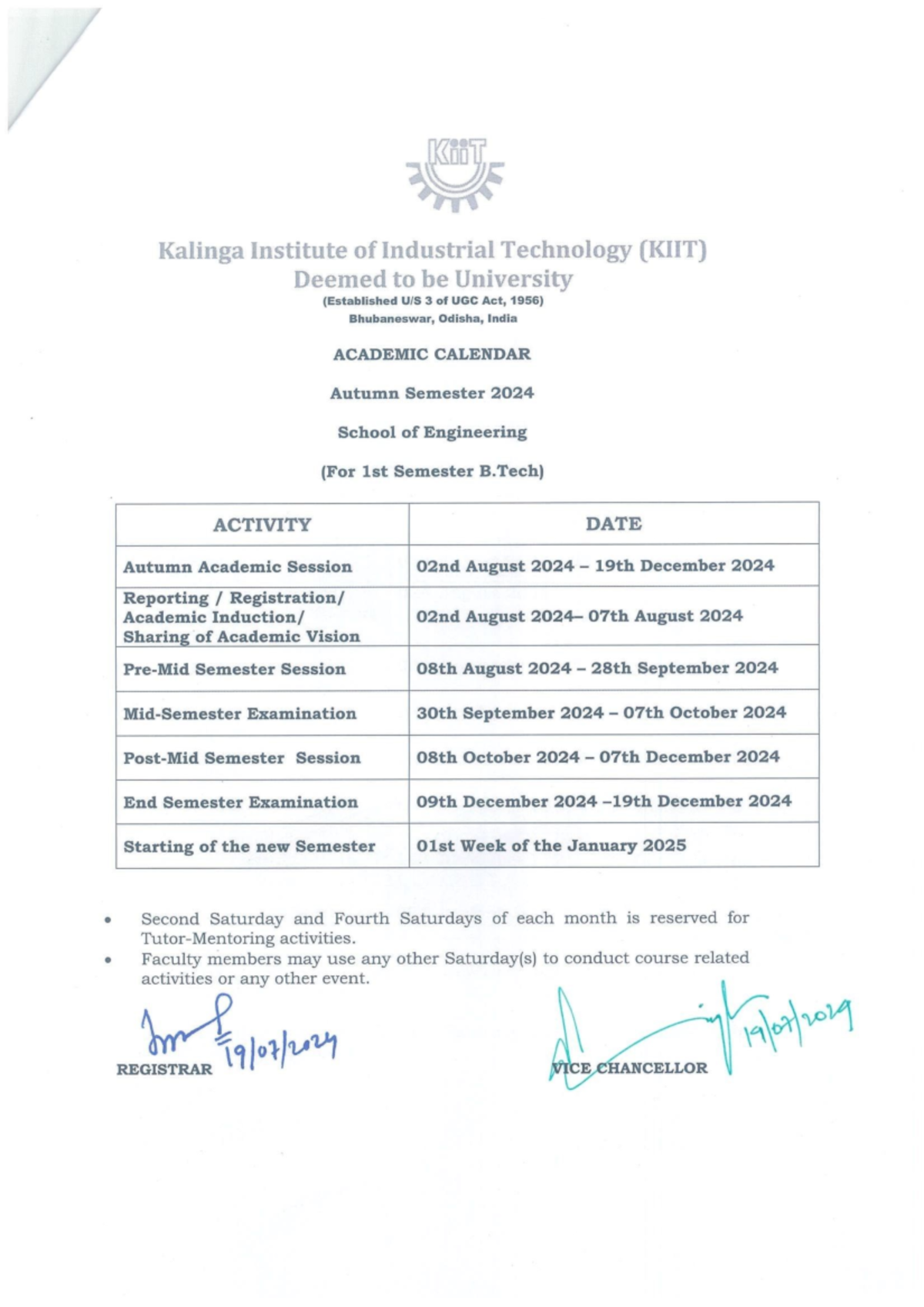 Academic Calendar B.Tech 1st Semester 1 Kalinga Institute of