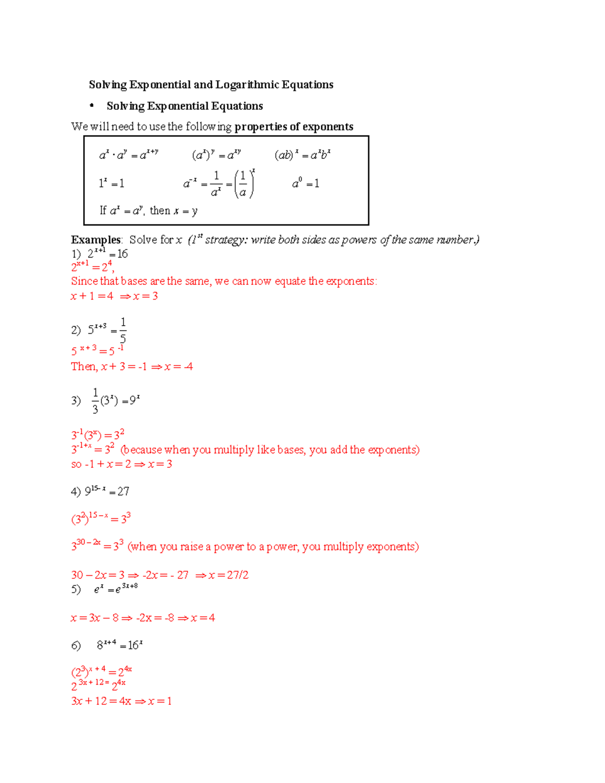 Exp log Eqs - Review - Solving Exponential and Logarithmic Equations ...