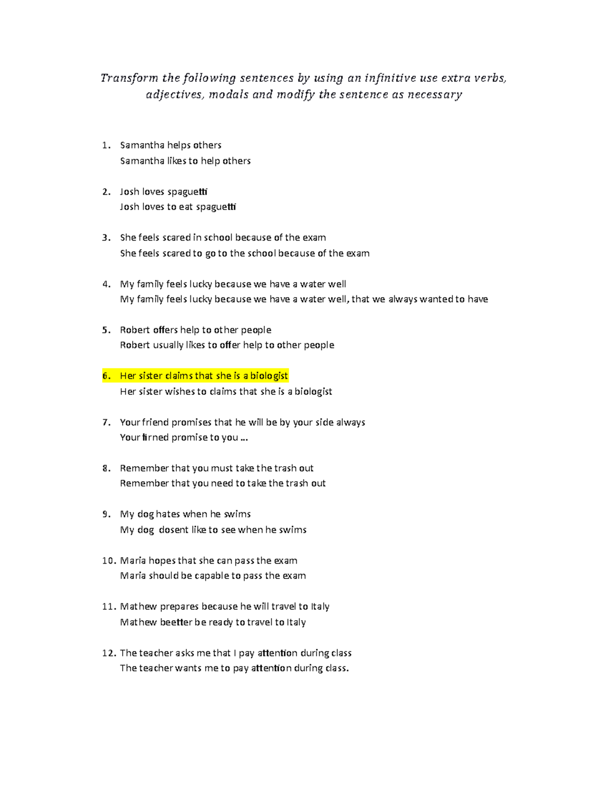 Homework 1. Transformation to infinitive activity - Transform the ...