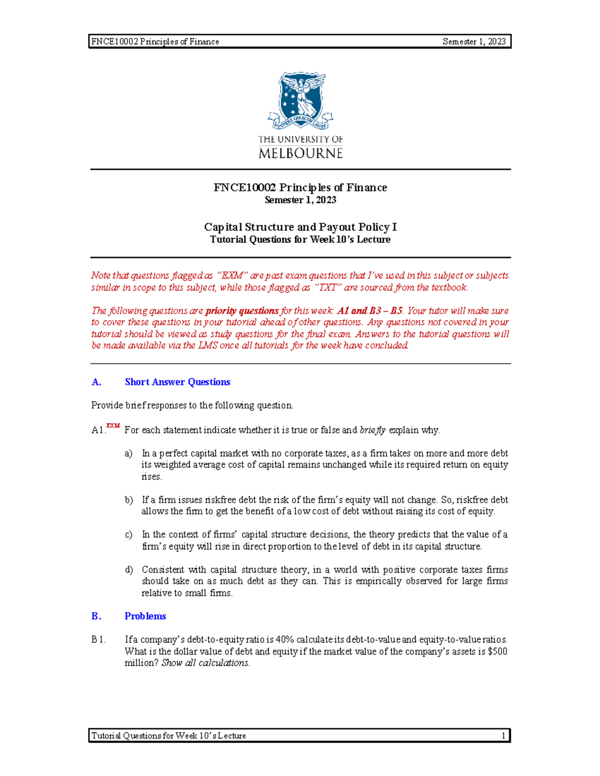 Tutorial+10+-+Cap+Str+1 - FNCE10002 Principles of Finance Semester 1 ...