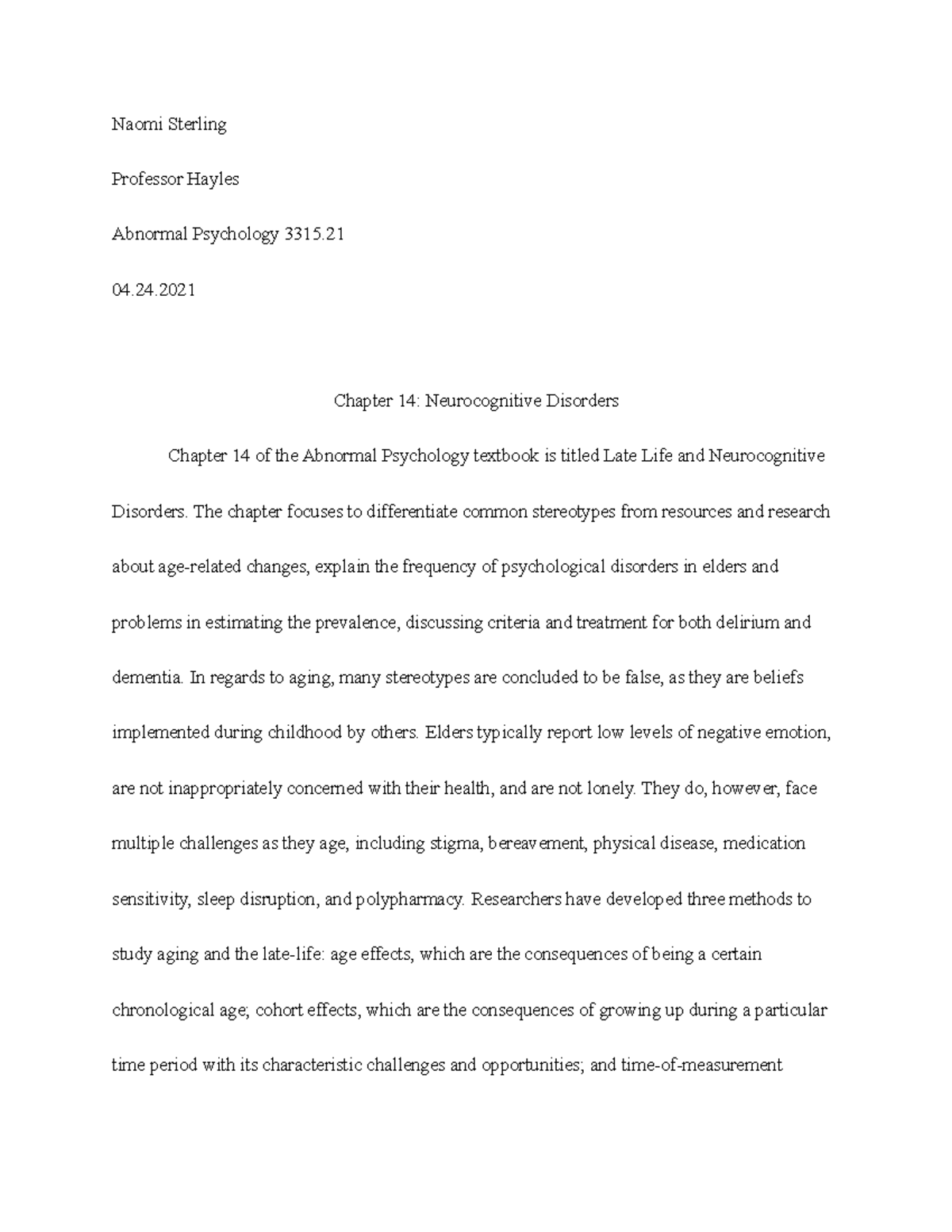 Abnormal Psych Chapter 14 Summary - Naomi Sterling Professor Hayles ...