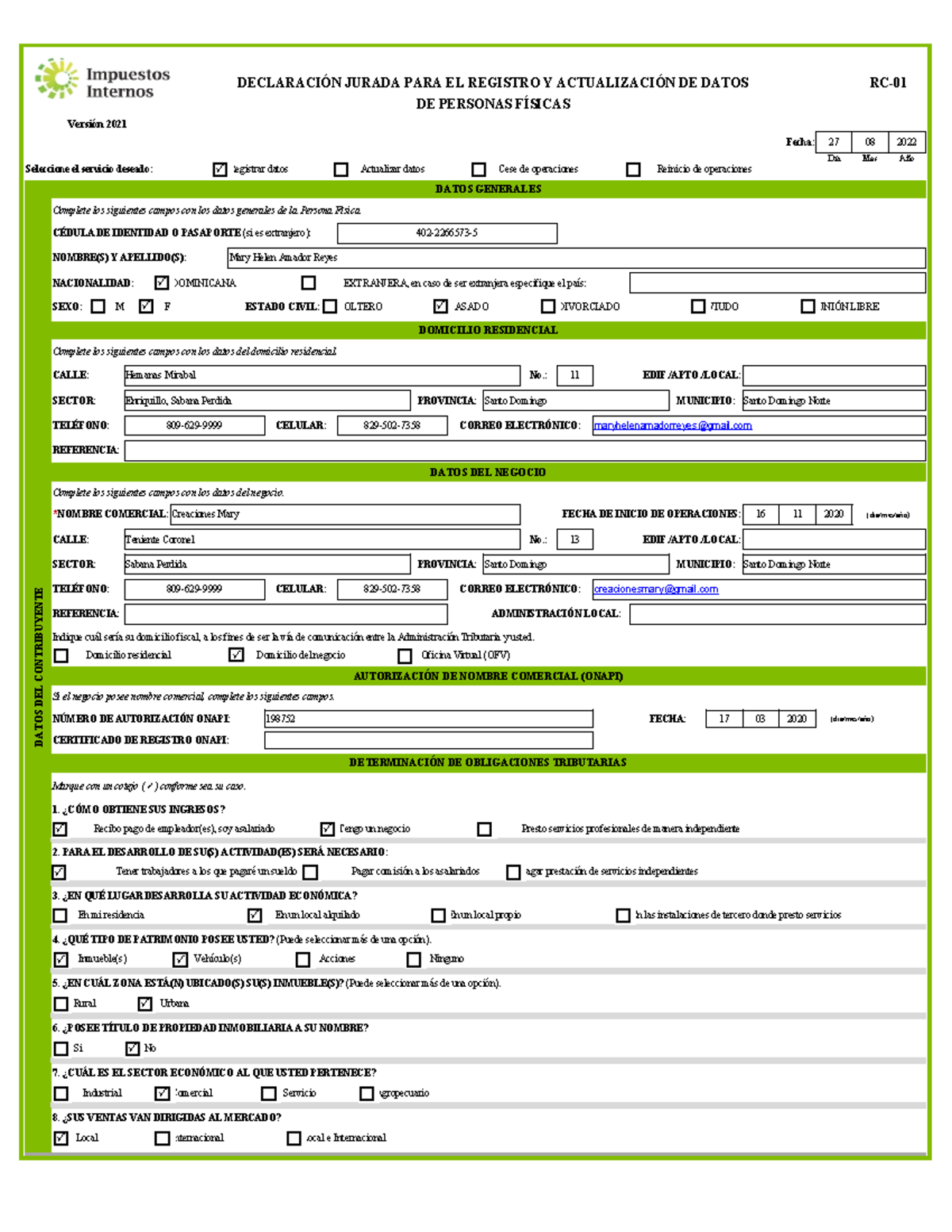 631921988 RC 01 Declaracion Jurada para el Registro y Actualizacion de ...