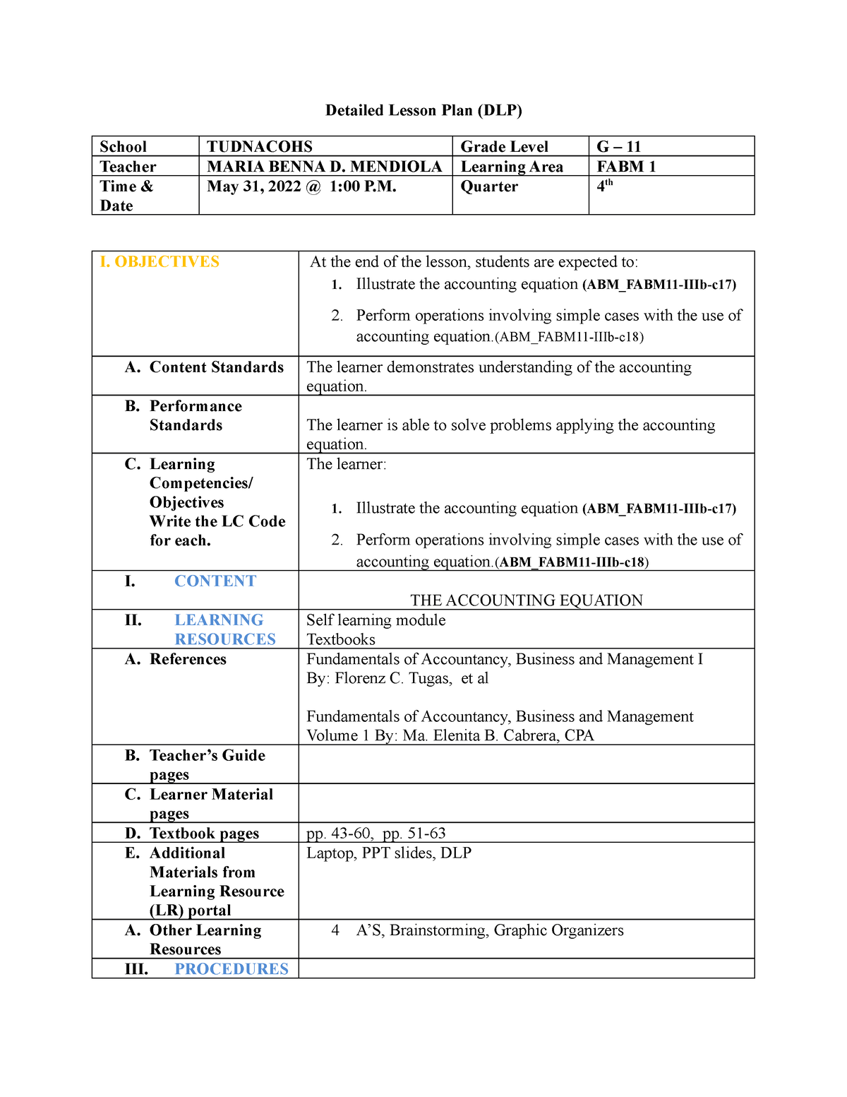 CO- FABM1 - FABM I - Detailed Lesson Plan (DLP) School TUDNACOHS Grade ...