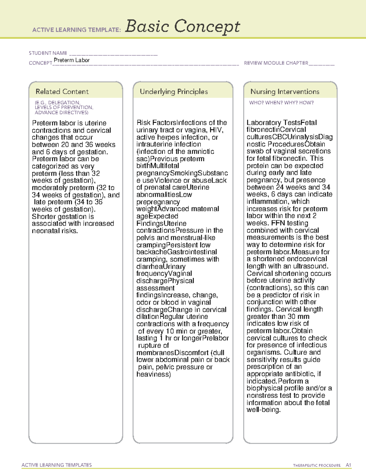 Preterm Labor - NURS - 114 - ACTIVE LEARNING TEMPLATES TherapeuTic ...