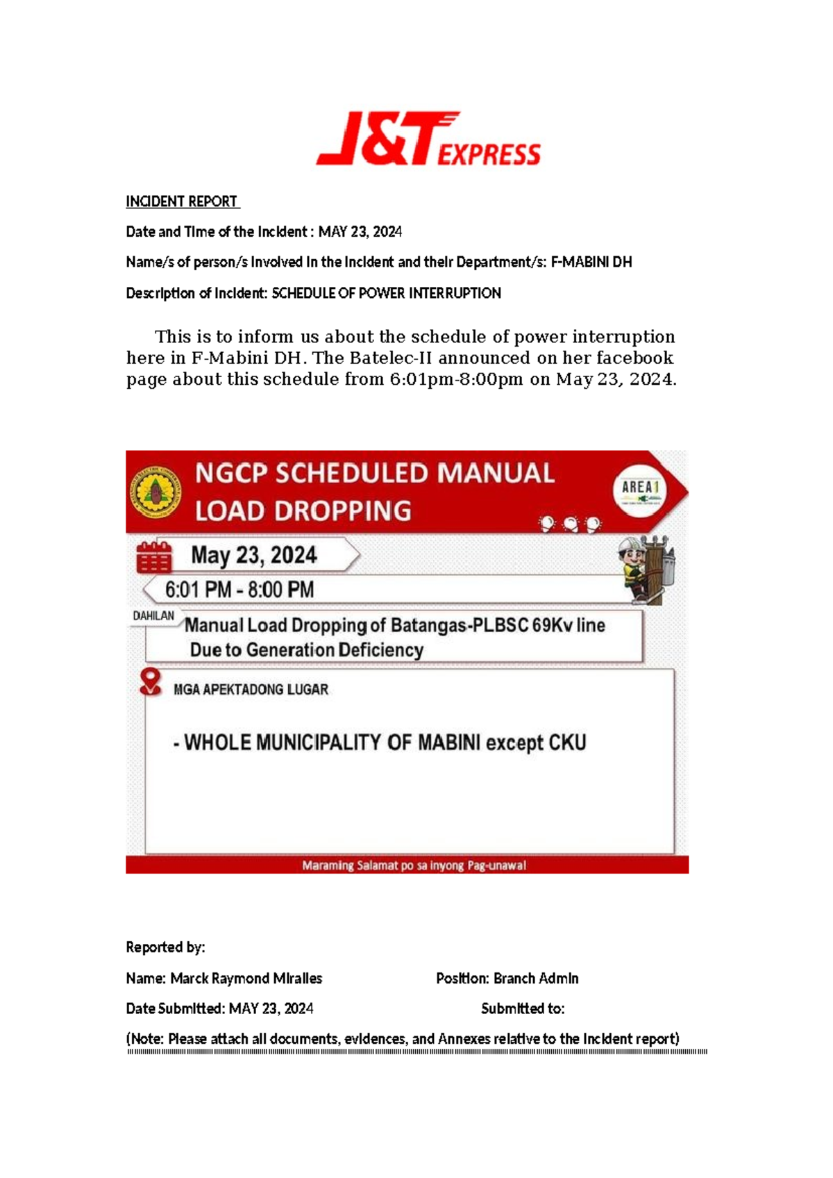 Schedule OF Power Interruption - F- Mabini DH - 05232024 - INCIDENT ...