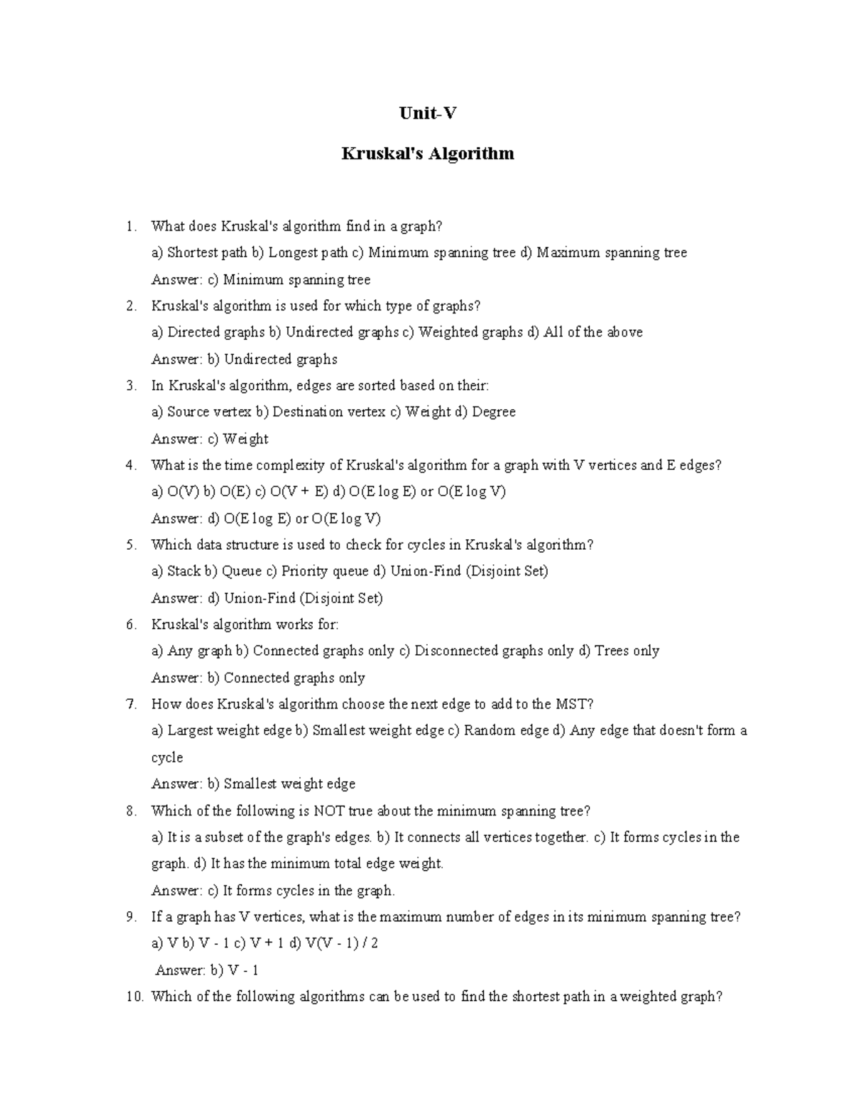 Unitvf - lecture notes - Unit-V Kruskal's Algorithm 1. What does ...