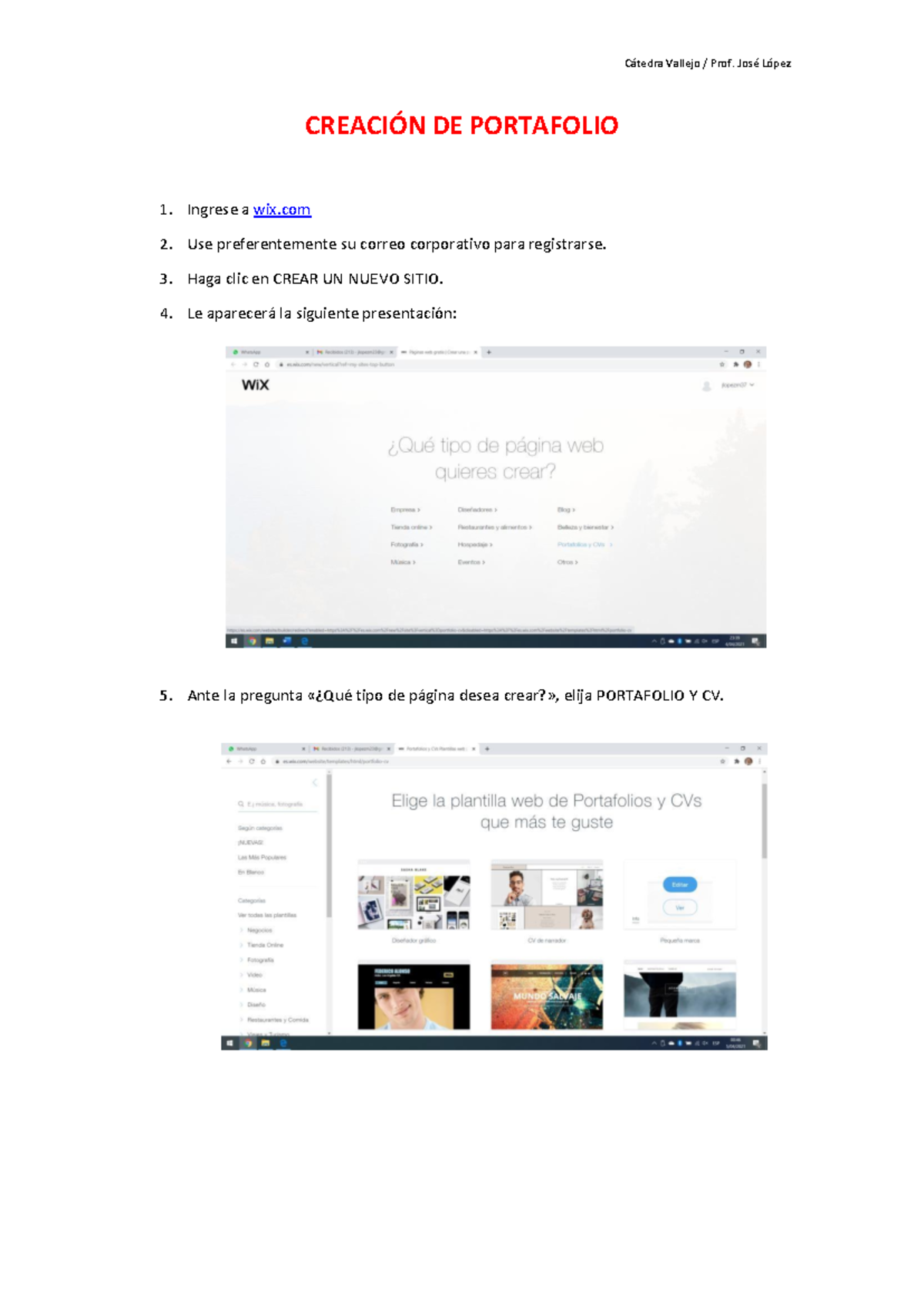 Creación DE WEB WIX 2021 2 - C·tedra Vallejo / Prof. JosÈ LÛpez CREACI ...