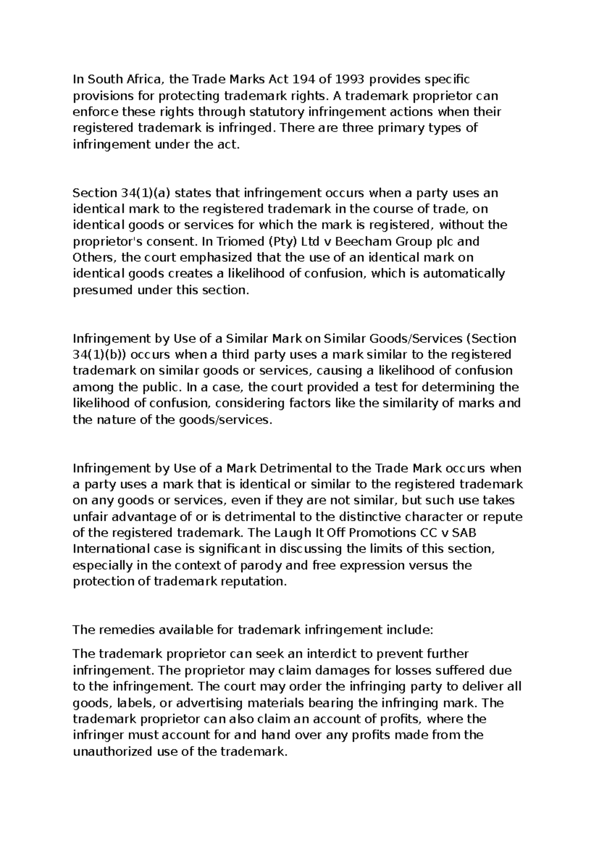 INPL 3 - INPL ICE Task - In South Africa, the Trade Marks Act 194 of ...
