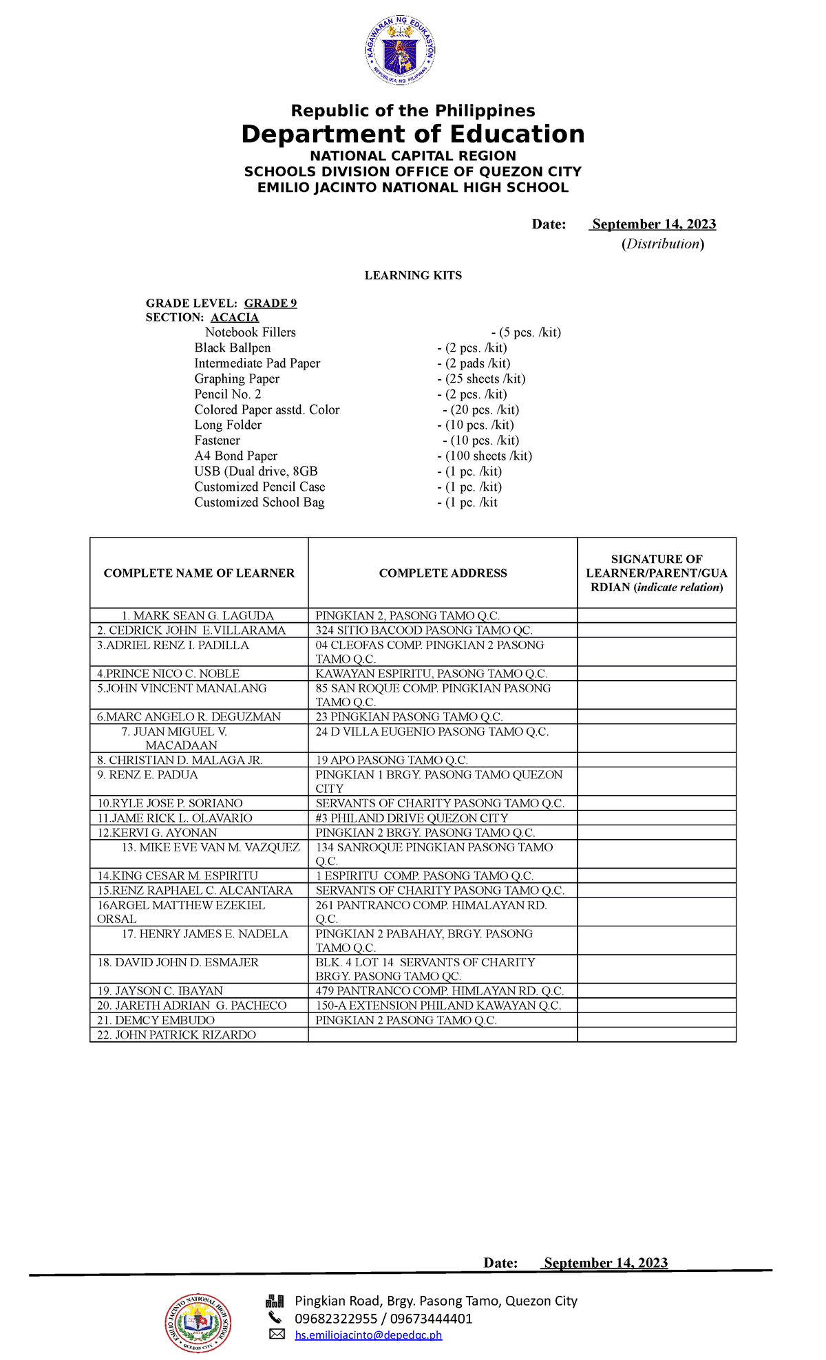 G710 LearningKITFORM2023 Republic of the Philippines Department