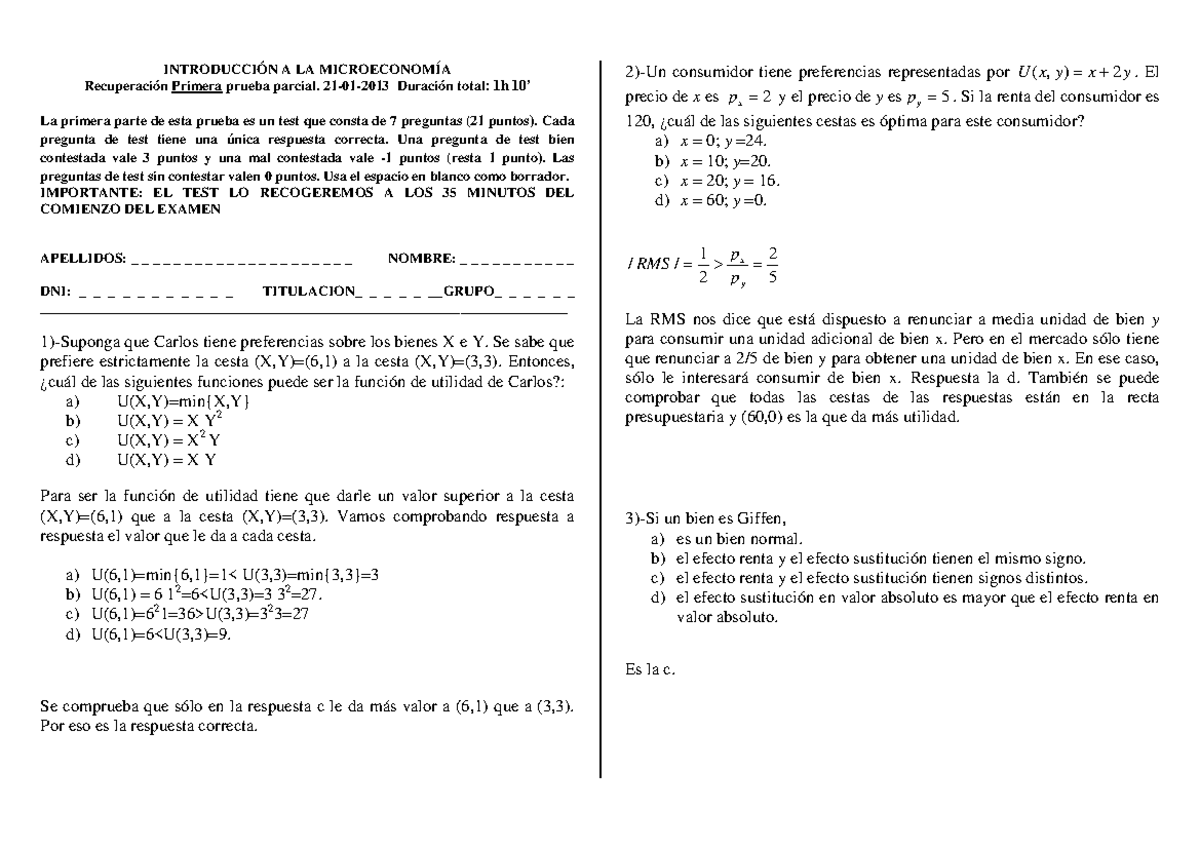 Examen Enero 13 Preguntas Introduccion A La Microeconomia Studocu