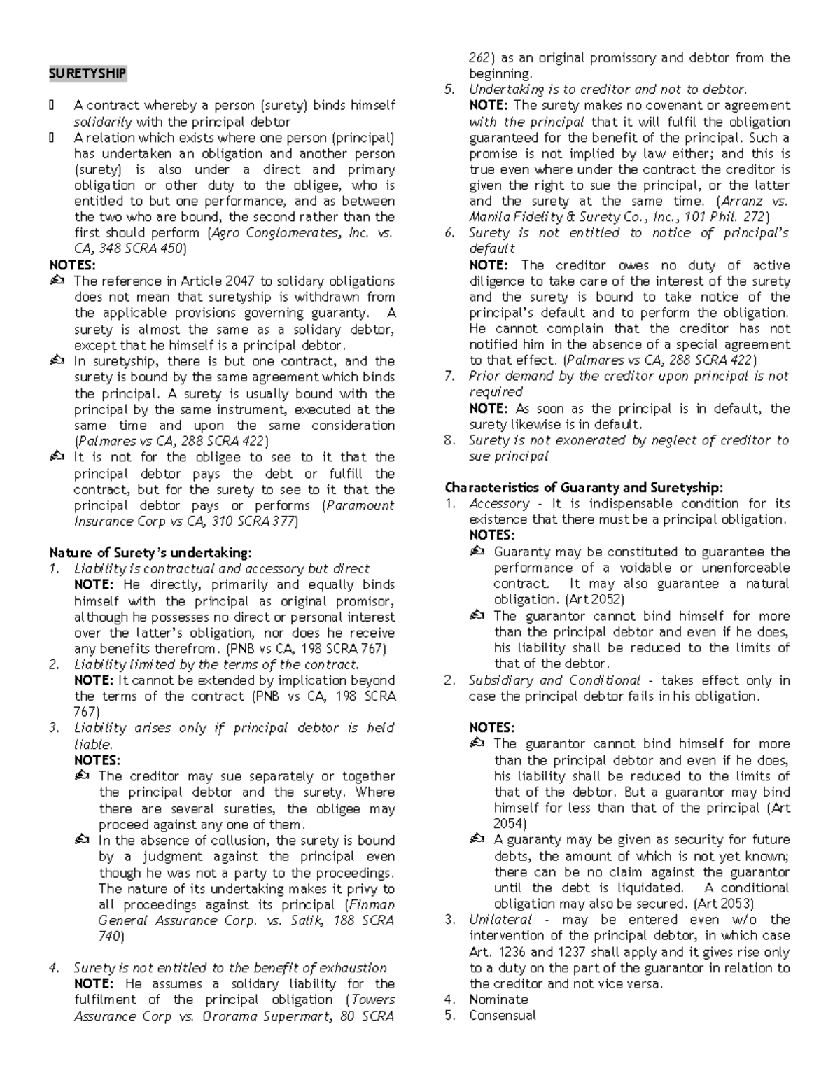 Suretyship - Notes - SURETYSHIP A contract whereby a person (surety ...