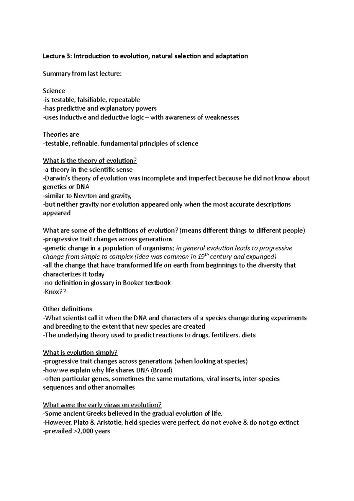BIOL1101 lecture notes - Lecture 3: Introduction to evolution, natural ...