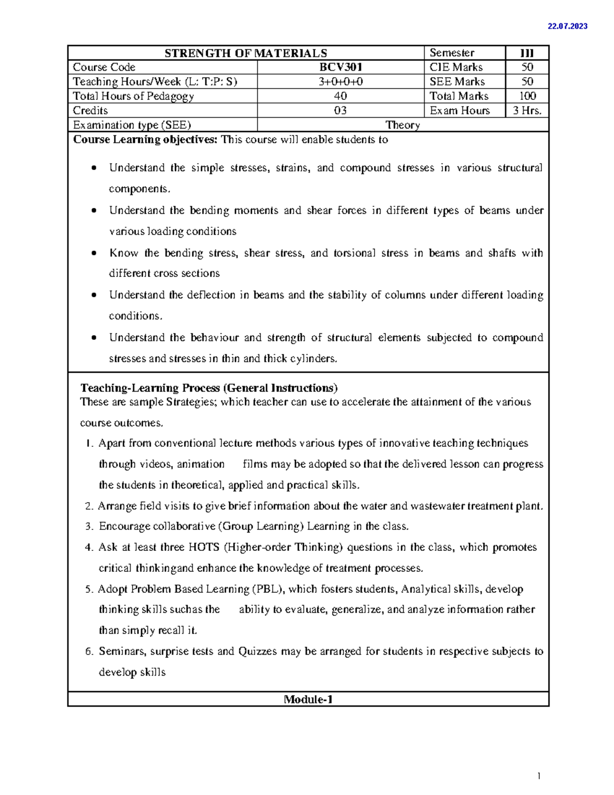 22 Scheme Syllabus STRENGTH OF MATERIALS Semester III Course Code