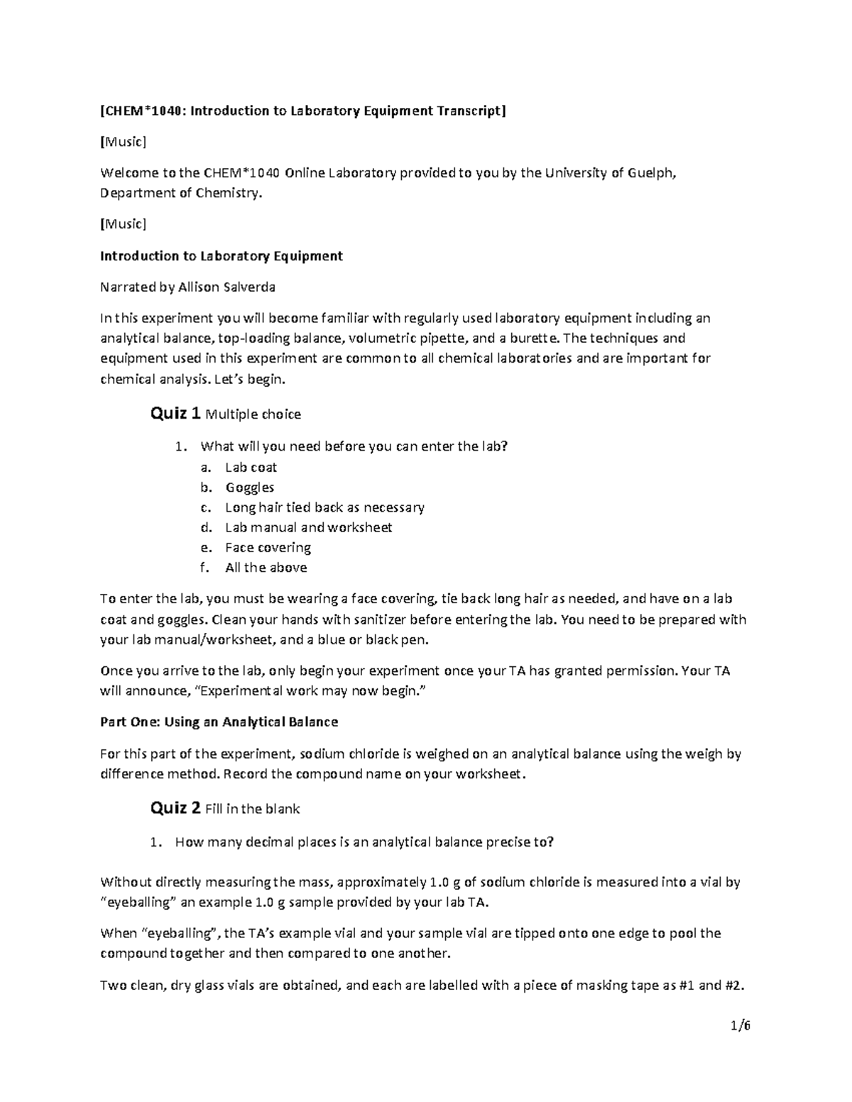 Introduction to Laboratory Equipment Transcript Lab CHEM 1040 U