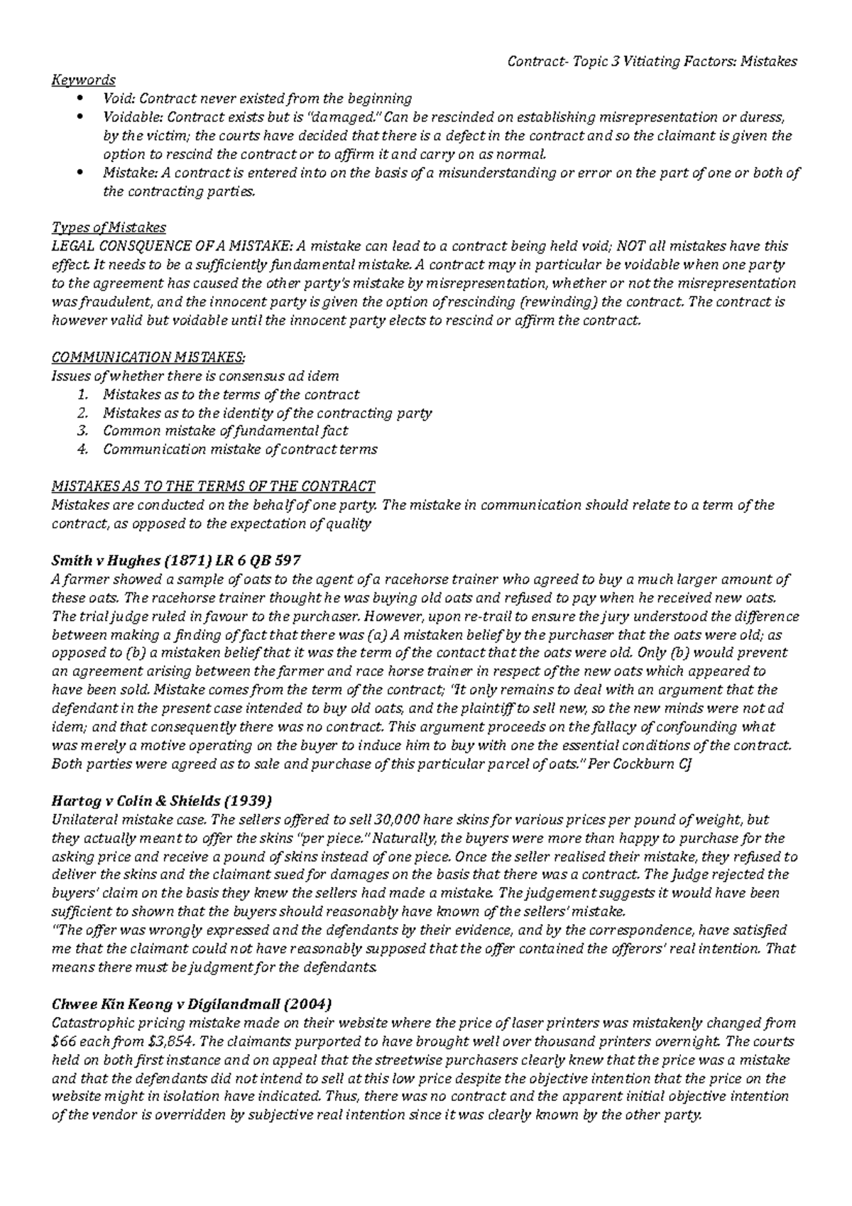 Topic 3 - Detailed notes - Contract- Topic 3 Vitiating Factors ...