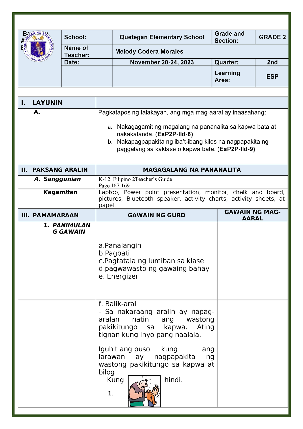 ESP2. Q2 Module 3 DLP - Lesson Materials - Banghay Aralin Sa ESP School ...