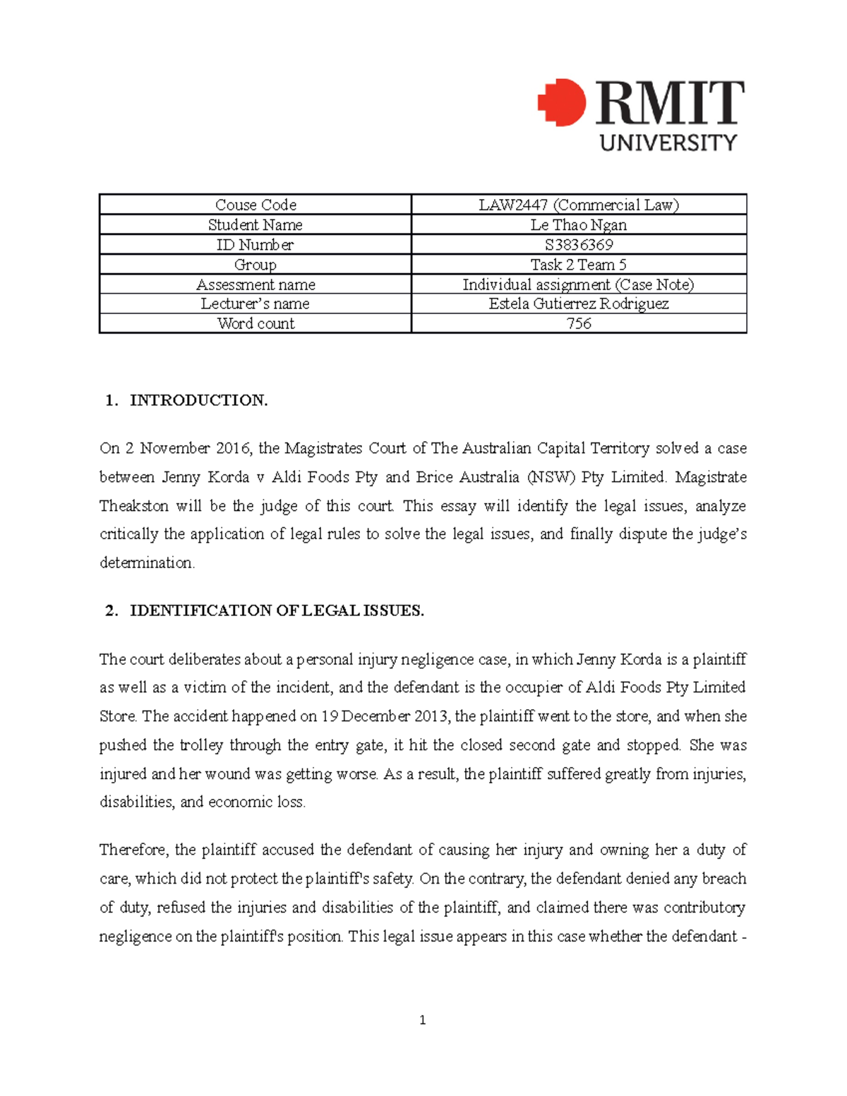 Le Thao Ngan S3836369 Individual Case Note Assignment 1 Official ...