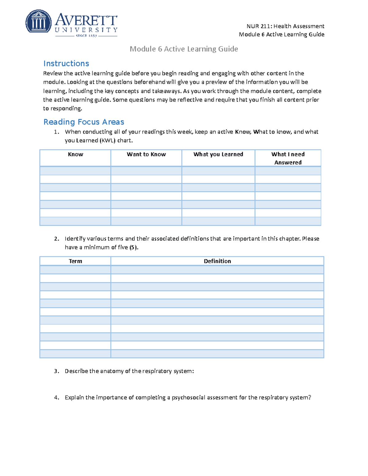 Module 6 - Active Learning Guide - NUR 211: Health Assessment Module 6 ...