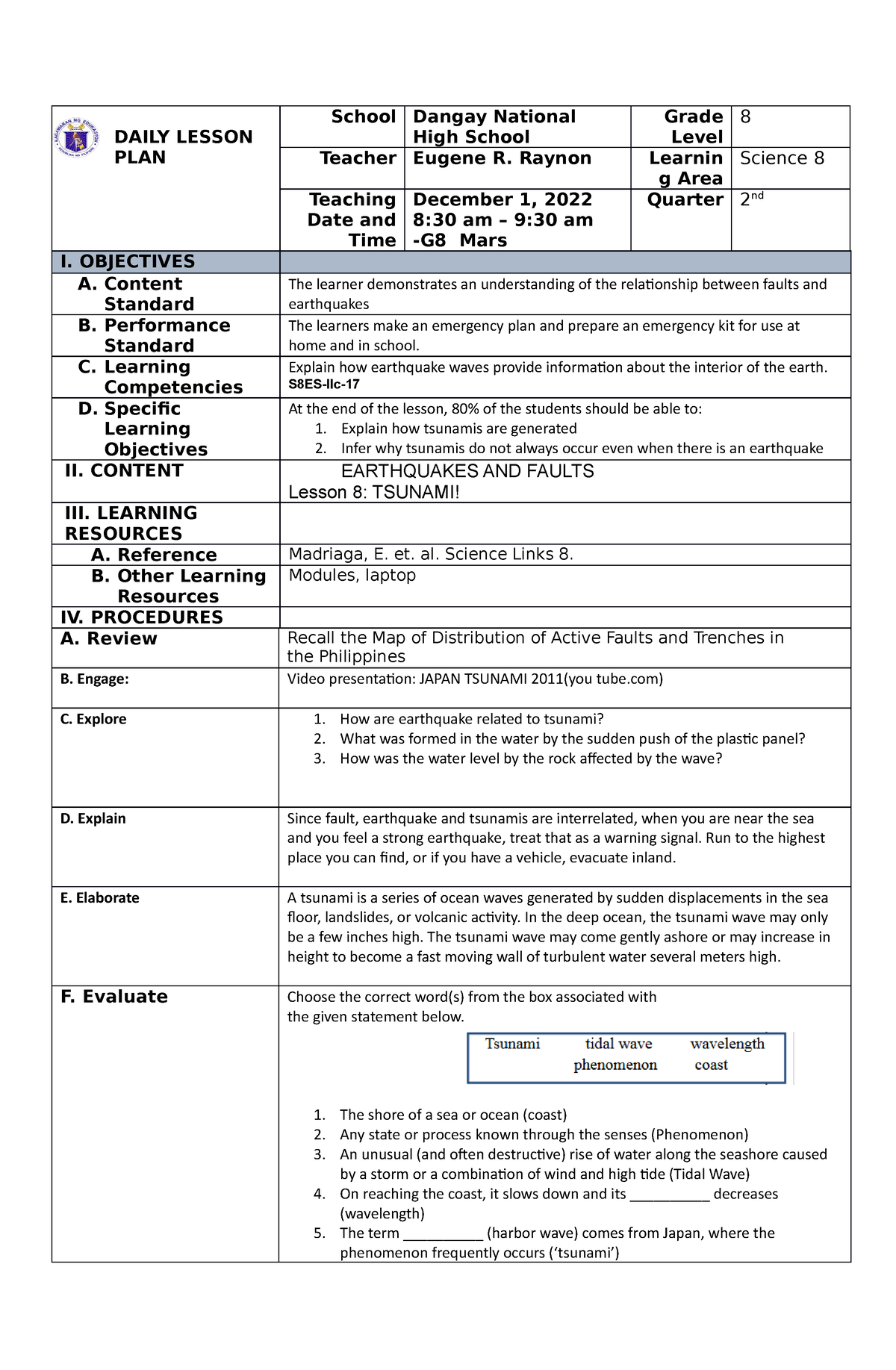 Daily Lesson PLAN 12-1-2022 - DAILY LESSON PLAN School Dangay National ...