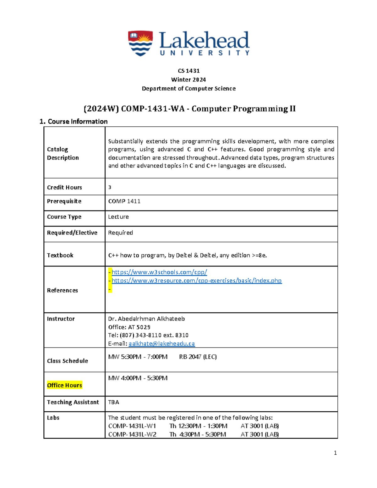 COMP - 1431-Syllabus - Summary C++ - 1 CS 1431 Winter 2024 Department ...