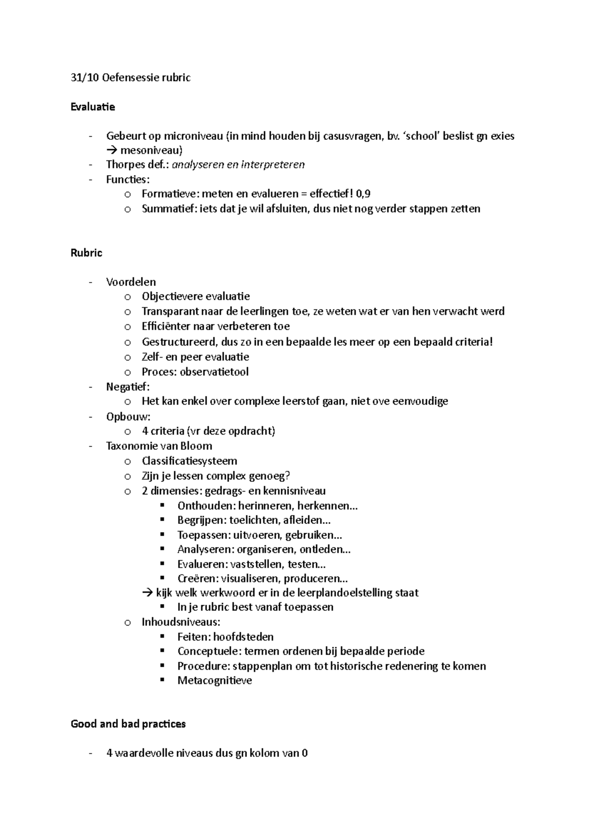 Rubric infosessie - 31/10 Oefensessie rubric Evaluatie Gebeurt op ...