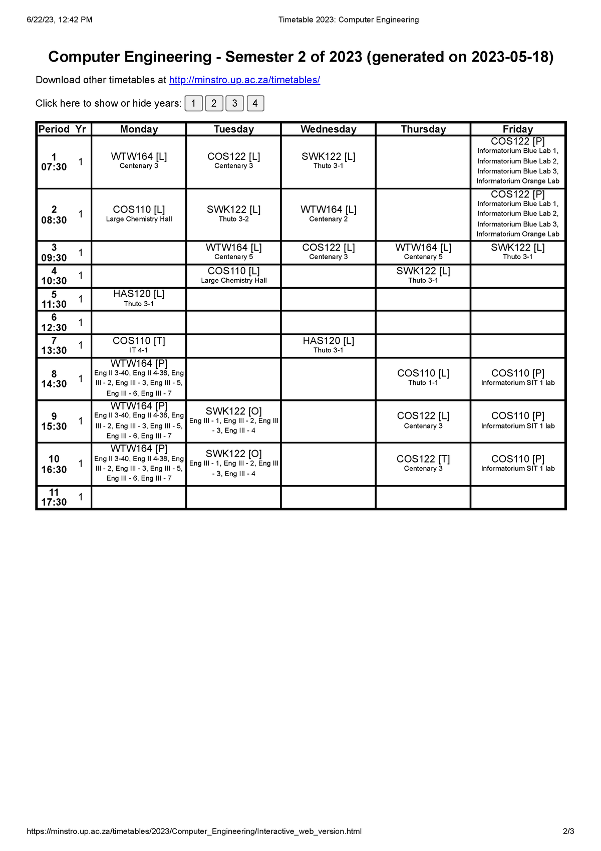 Timetable 2023 Computer Engineering - COS122 - UP - Studocu