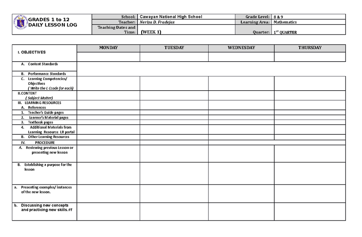 Lesson-PLAN- Format - Lesson Plan Semi-detailed - GRADES 1 to 12 DAILY ...