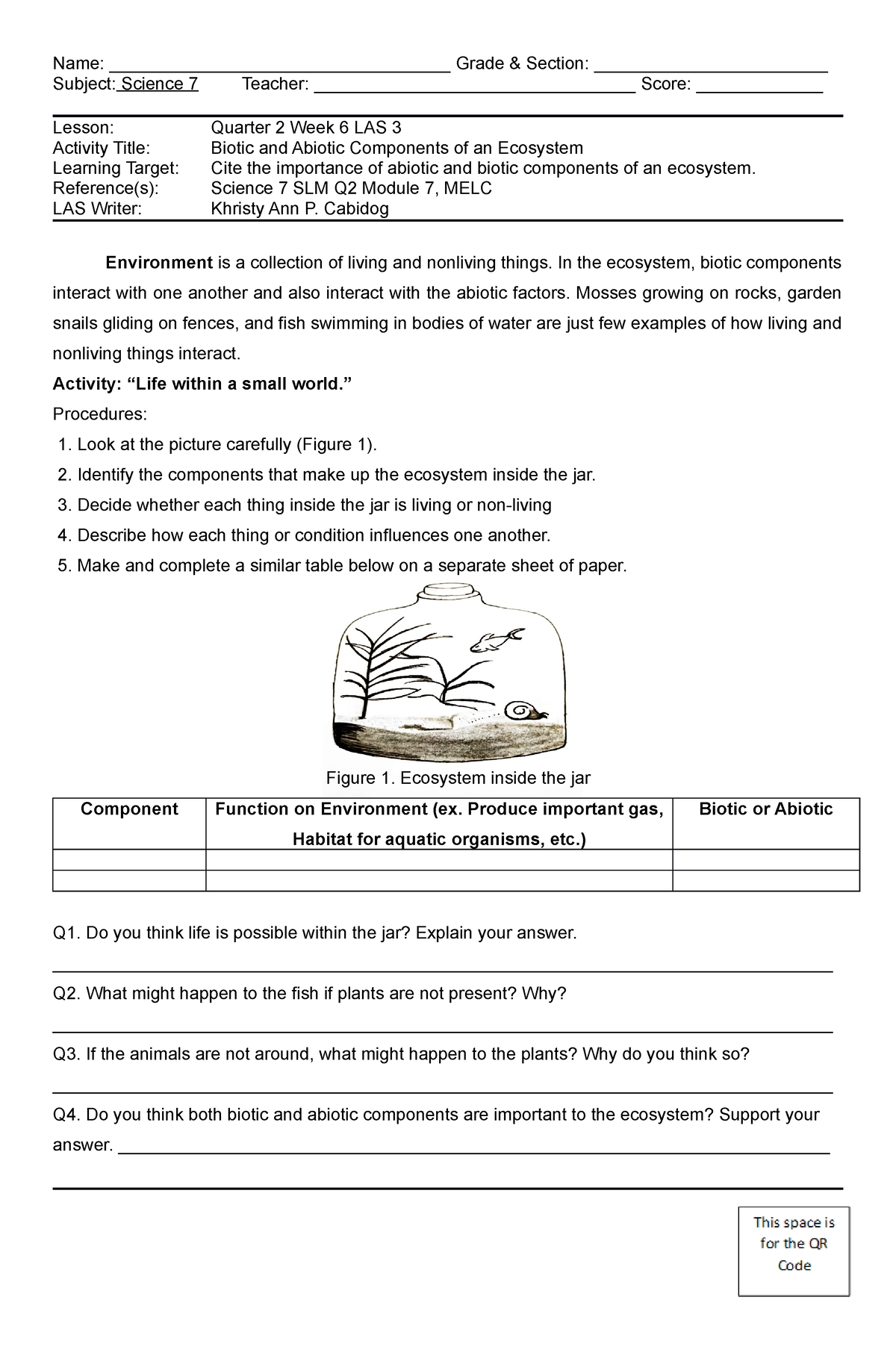 Science 7 Q2 Week6 LAS3 - Learning Activities Sheet - Name