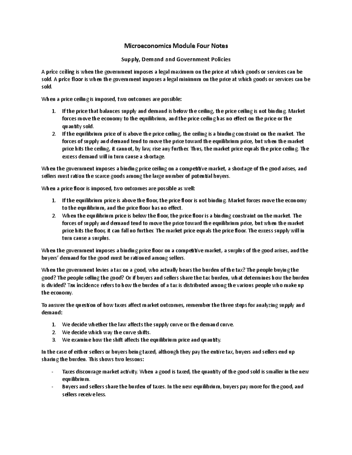 Module Four Notes - Microeconomics Module Four Notes Supply, Demand and ...