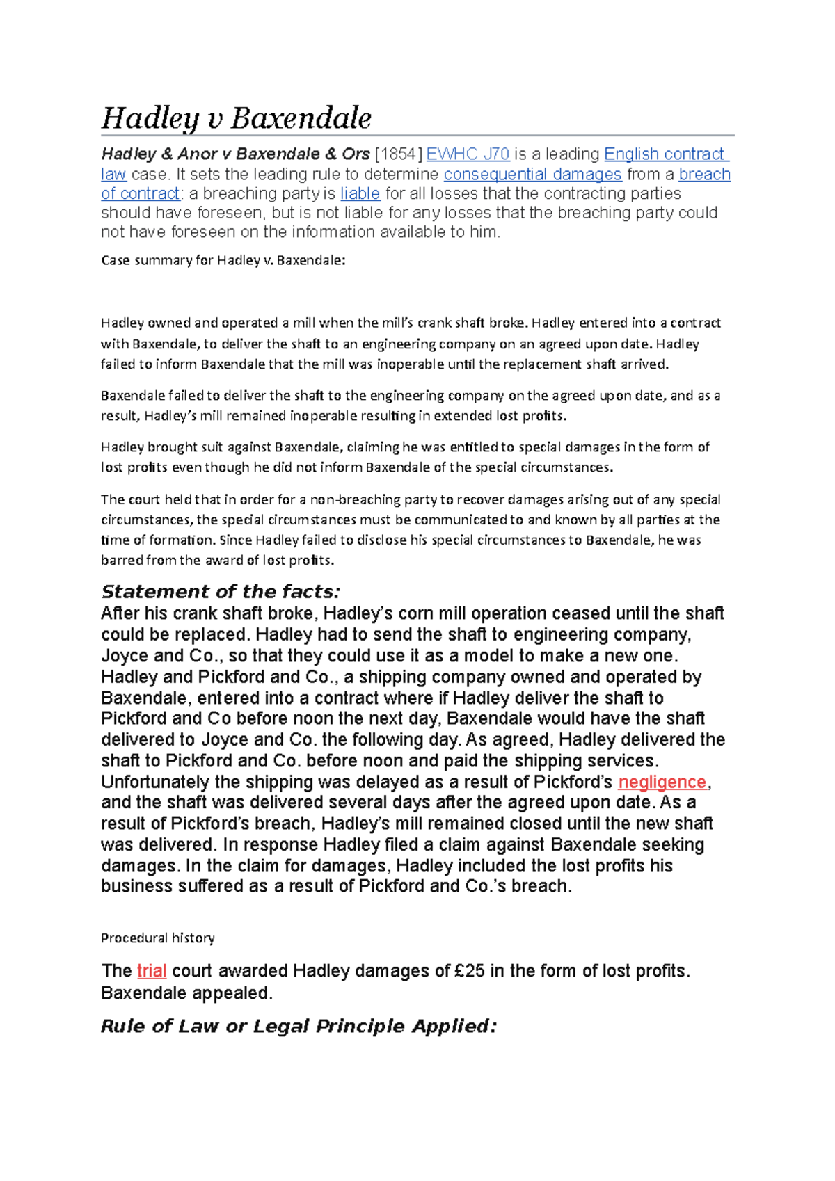 Hadley v Baxendale Additional supportive notes Hadley v Baxendale