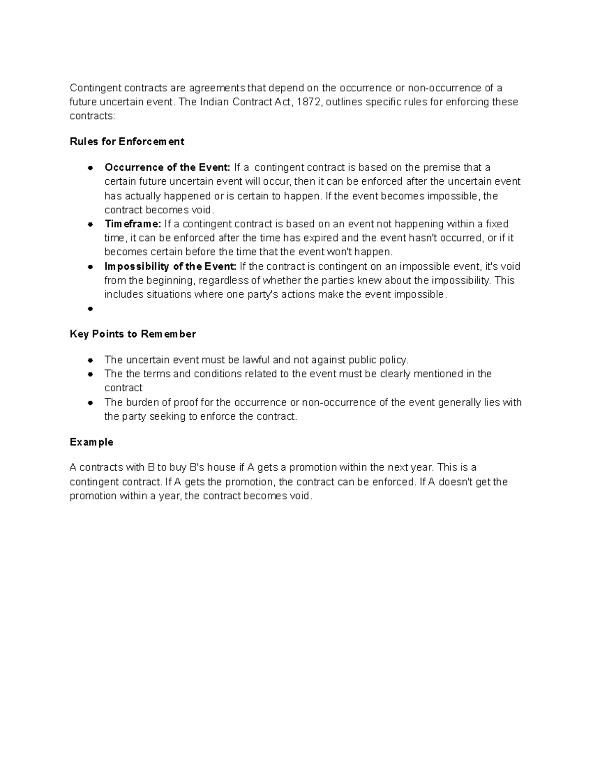 Law of Contract 1 - Contingent contracts are agreements that depend on ...