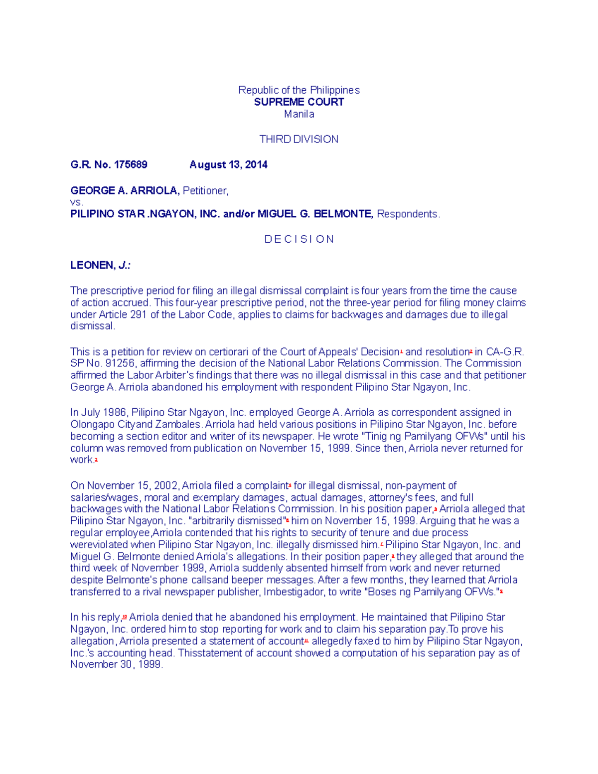 Arriola v. Pilipino Star Ngayon, Inc. and Belmonte, G.R. No. 175689, 13 ...