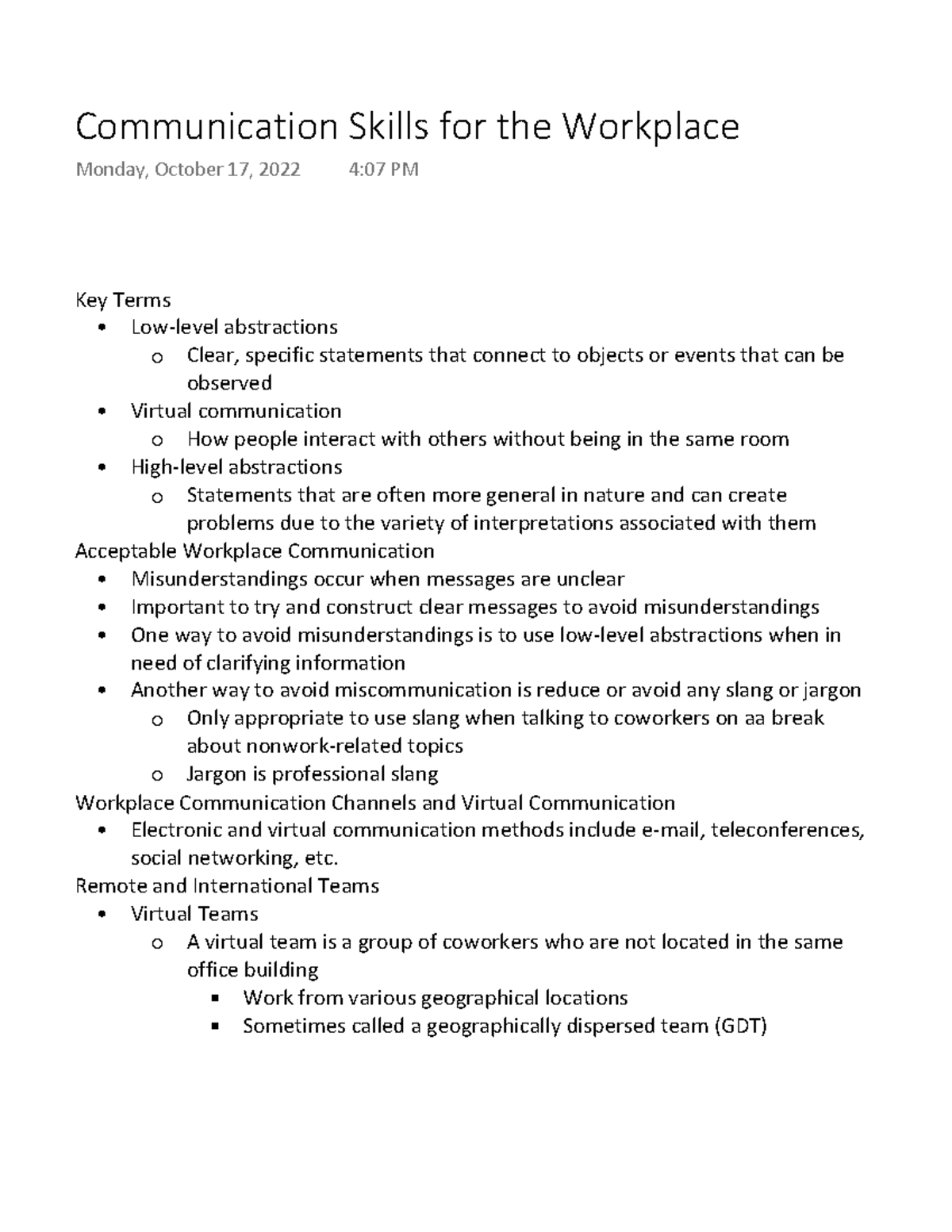 Communication Skills for the Workplace - Key Terms Low-level ...