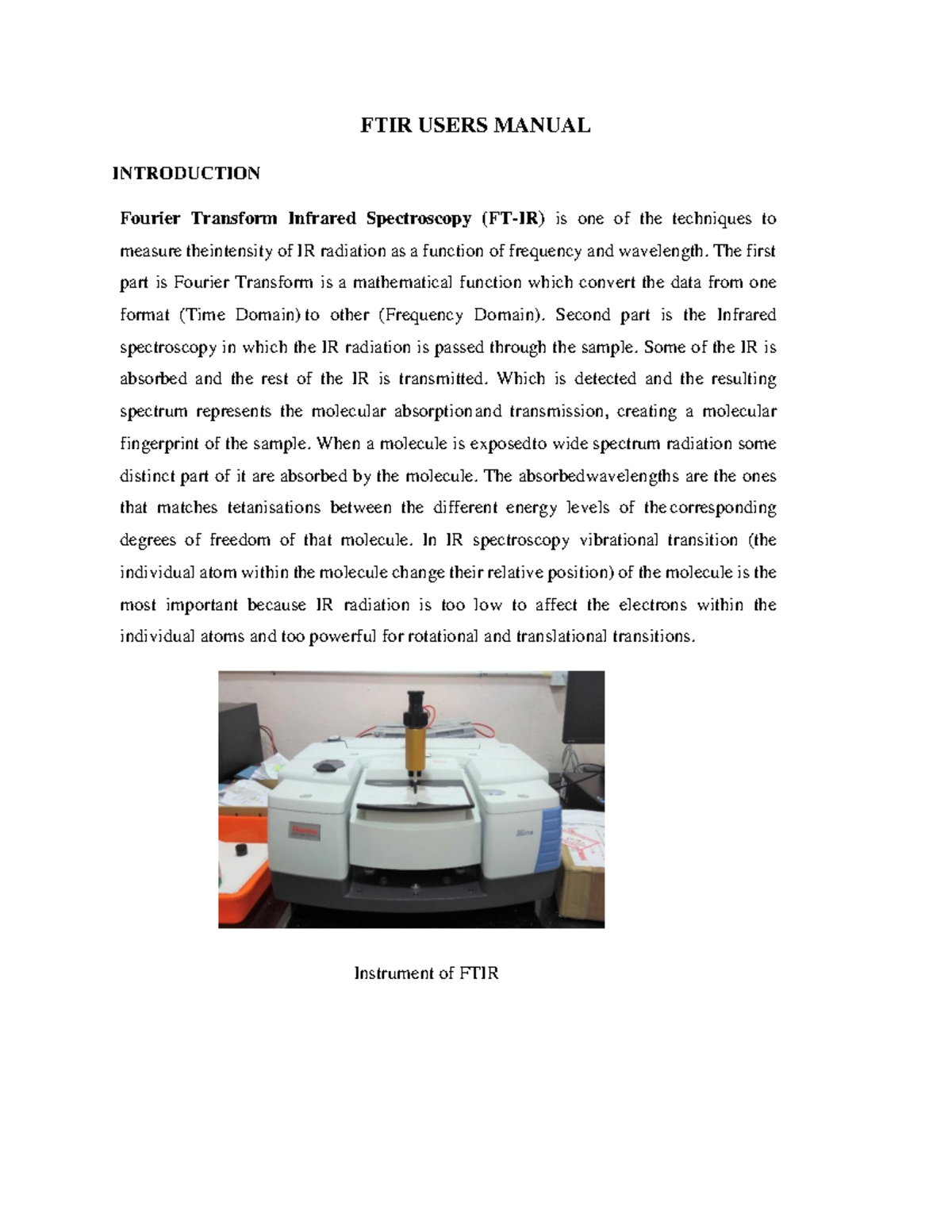 FTIR Users Manual for the operation of instrument - FTIR USERS MANUAL ...