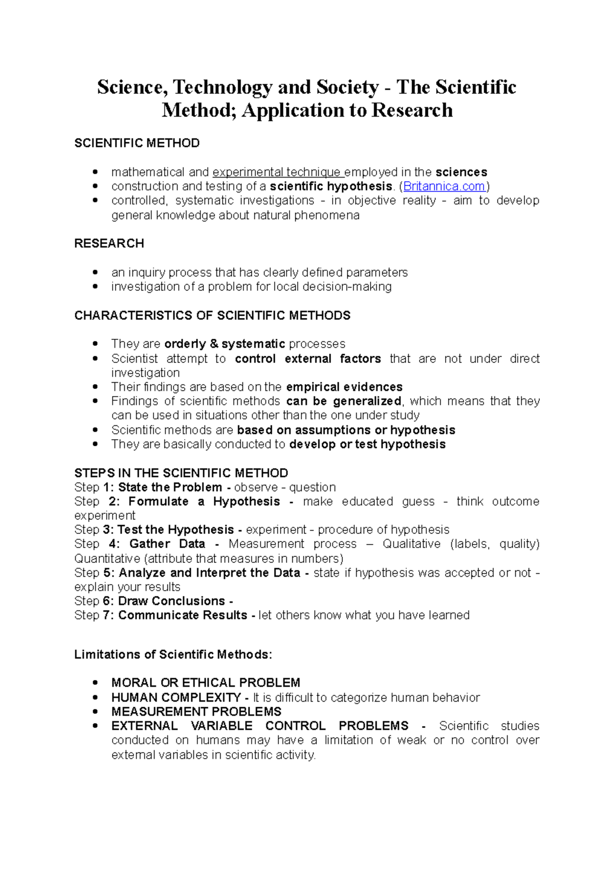 Science Technology and Society- The Scientific Method; Application to ...