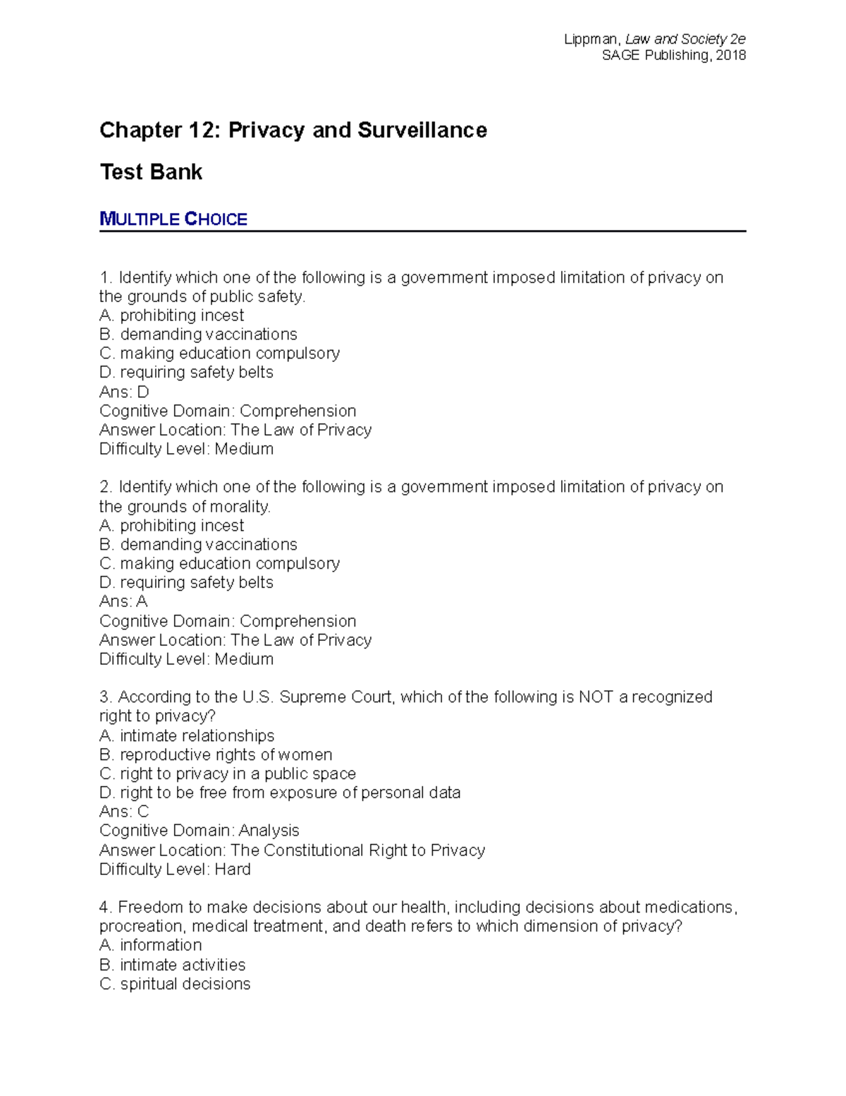Lippman Law & Society Chapter 12 MULTIPLE CHOICE ANSWERS - SAGE ...